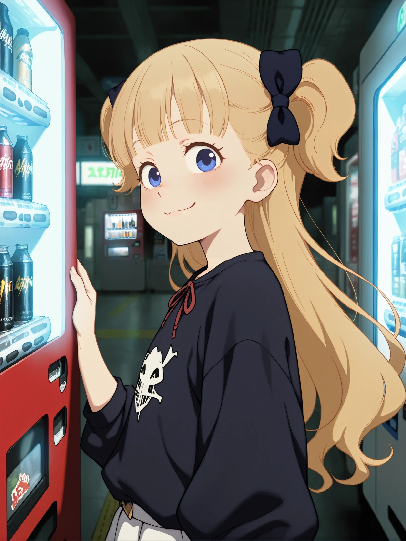 masterpiece, best quality, amazing quality, very aesthetic, absurdres, newest,
<lora:ILAEmilico:1.0>
AEmilico, 1girl, blonde hair, blue eyes, hair bow, blunt bangs, two side up, long hair, looking at viewer, A graffiti-covered subway station, hacking into a vending machine, grabbing an energy drink with a sly smirk.