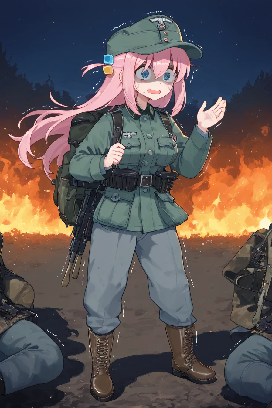 people,characters,copyright,style,general tags,rating,masterpiece,best quality,good quality,newest,
1girl,solo,outdoors,landscape,fire,burning,night sky,battlefield,<lora:wehrmacht-ill-v1:1>,
shaded face,meme,@ @,wavy mouth,
gotoh hitori,bocchi the rock!,long hair,blue eyes,hair ornament,hair between eyes,pink hair,one side up,cube hair ornament,large breasts,two arms up,trembling,latetype,1944,Wehrmacht,heer,infantrie,field cap,mountain cap,M43cap,ammunition pouch,ammo pouch,leather belt,infantryman's puttee,short boot,brown footwear,folding shovel case,backpack,grey pants,green military uniform,surrender,