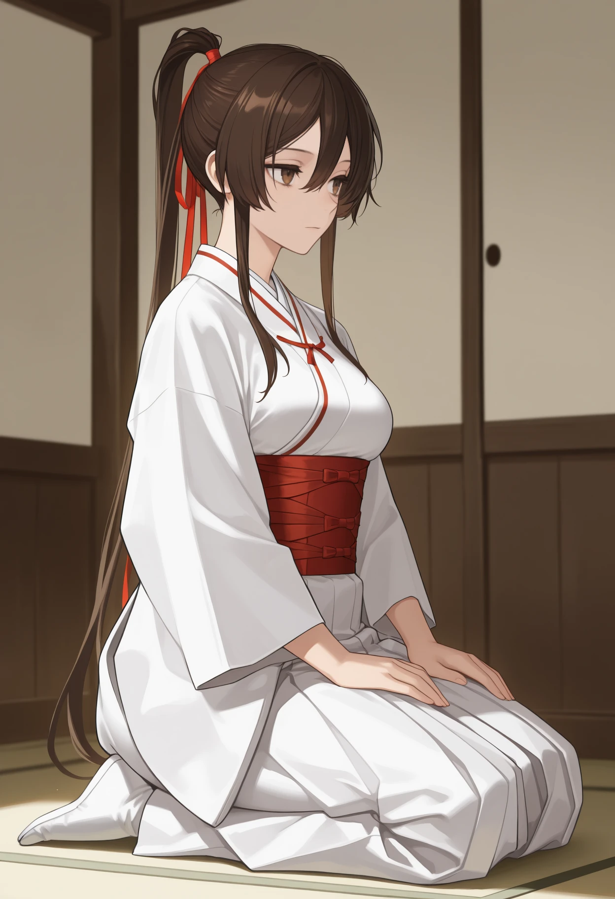 masterpiece, best quality, newest, full body, solo, 1girl, sag1ri, expressionless, looking away, seiza, hands on own thighs, long hair, brown hair, hair between eyes, sidelocks, high ponytail, hair ribbon, red ribbon, brown eyes, japanese clothes, white kimono, red sash, obi, wide sleeves, white hakama, hakama skirt, tabi, indoors, east asian architecture
<segment:yolo-Anzhc Face seg 640 v2 y8n.pt,0.4,0.5//cid=1>