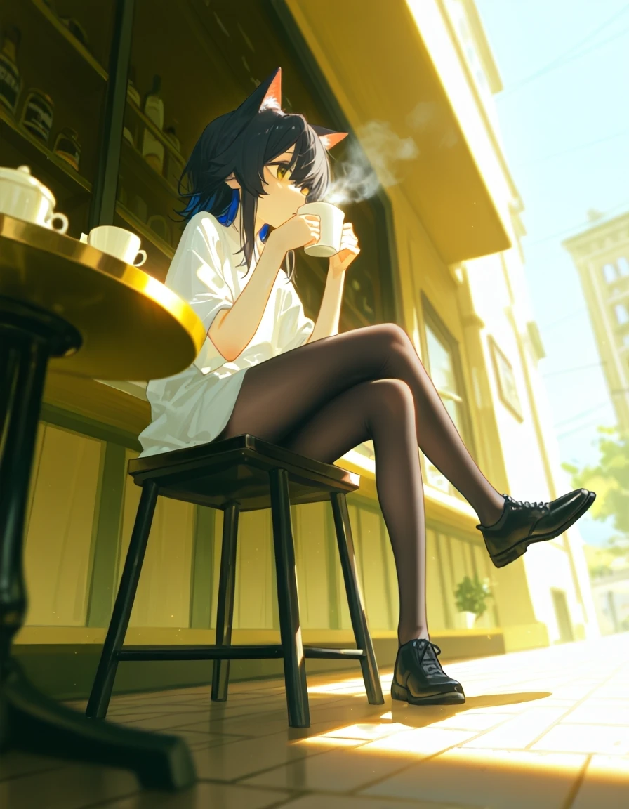dino \(dinoartforame\), (konya karasue:1.2), 1girl, cat girl, scenery, wide shot, outdoors, full body shot, dynamic pose, cafe, sitting, holding cup, steam from cup, looking afar, thinking, day, sunlight, perspective, dutch angle, long shot, depth of field, crossed legs,
,masterpiece,best quality,amazing quality,