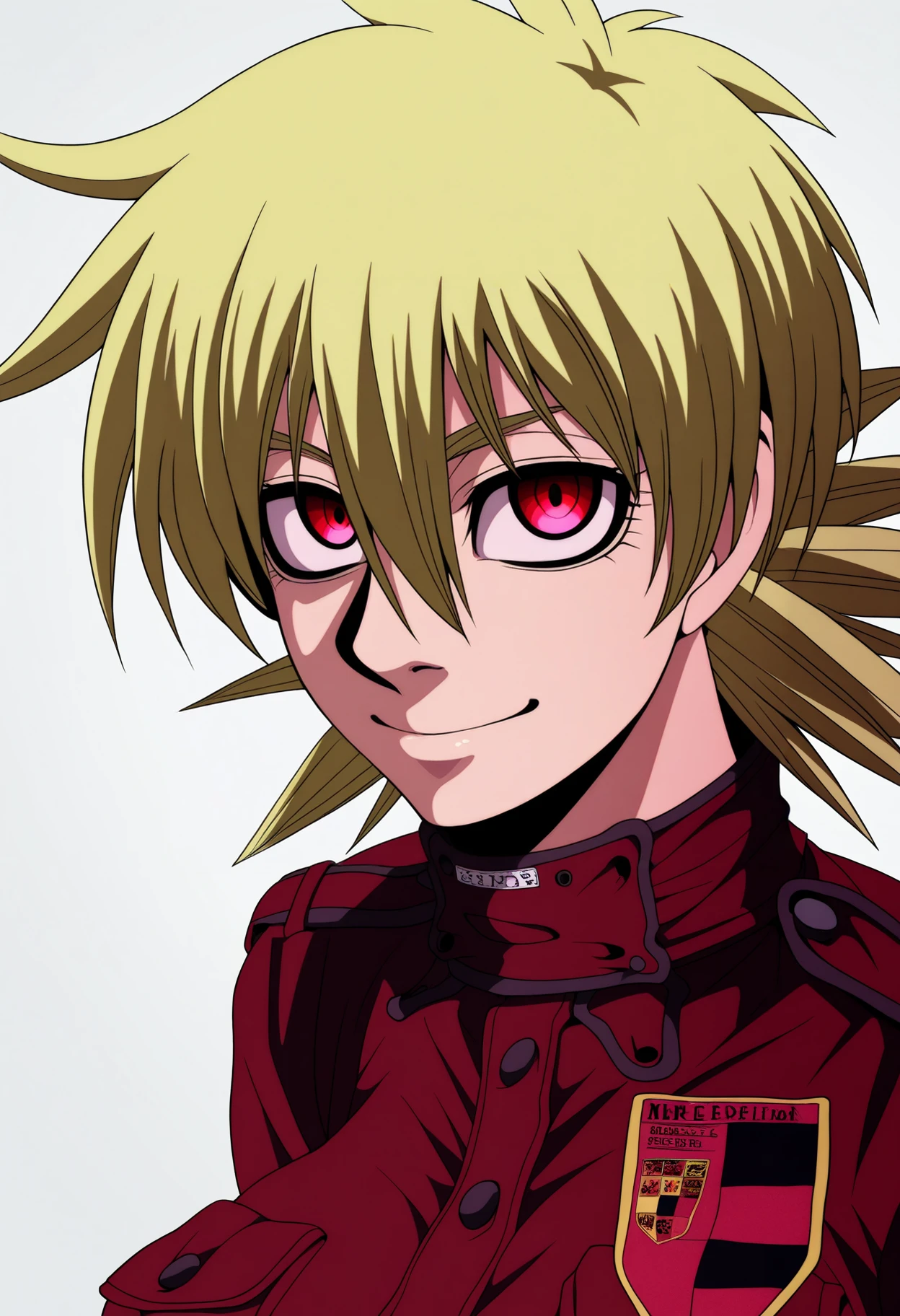 best quality, amazing quality, very aesthetic, absurdres,
BREAK
1girl, seras victoria, blonde hair, red eyes, 
red uniform,
smile, looking at viewer, upper body, simple background, white background, <lora:SerasVictoriaNoobXL_byKonan:1>