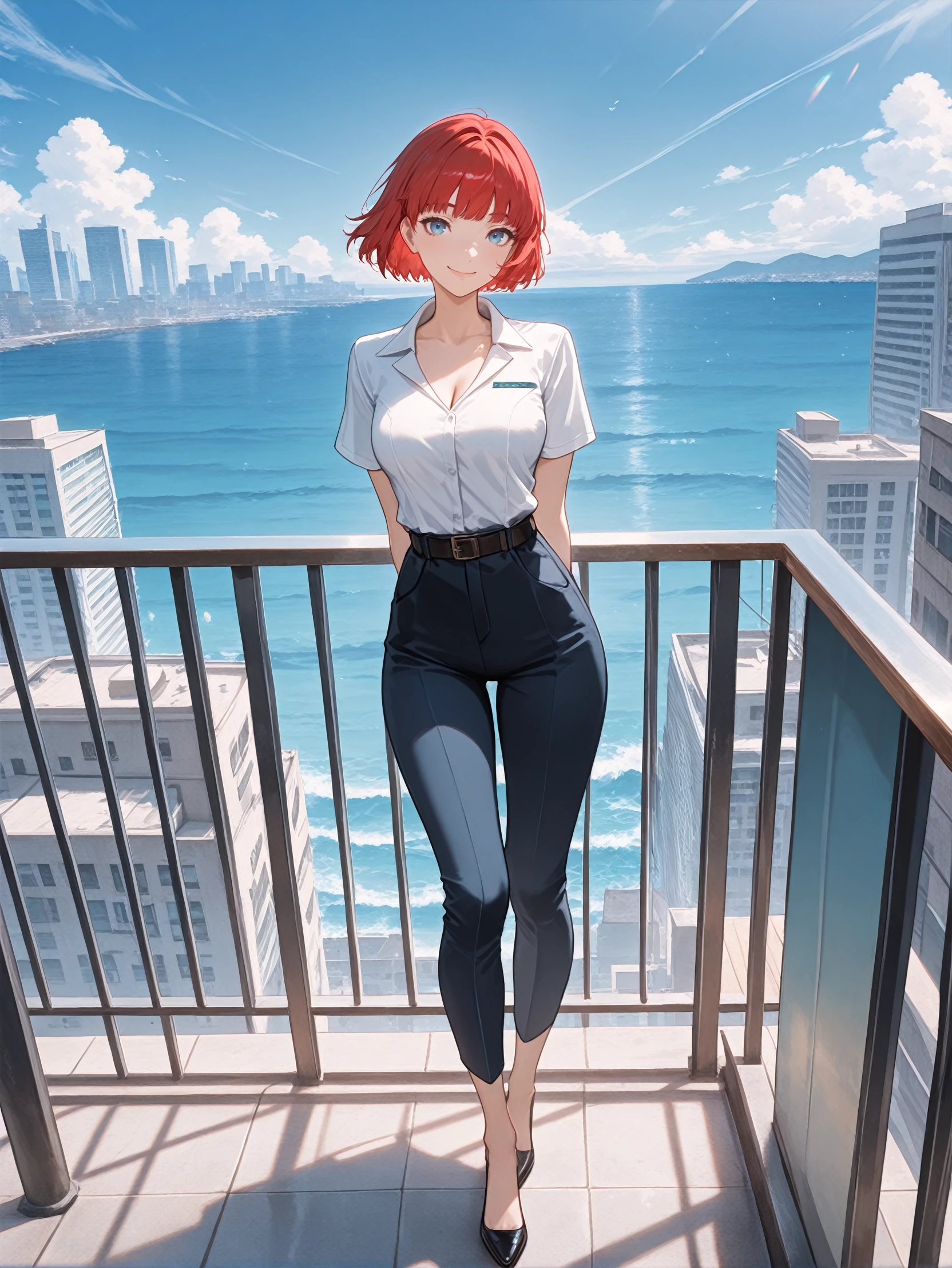 masterpiece, best quality, high resolution, very aesthetic, absurdres, newest, professional, high-quality, detailed eyes,
<lora:ILCErica:1.0>
CErica, 1girl, red hair, short hair, blue eyes, looking at viewer, happy, blue sky, city, smile, closed mouth, arms behind back, full body, blue sky, railing, ocean