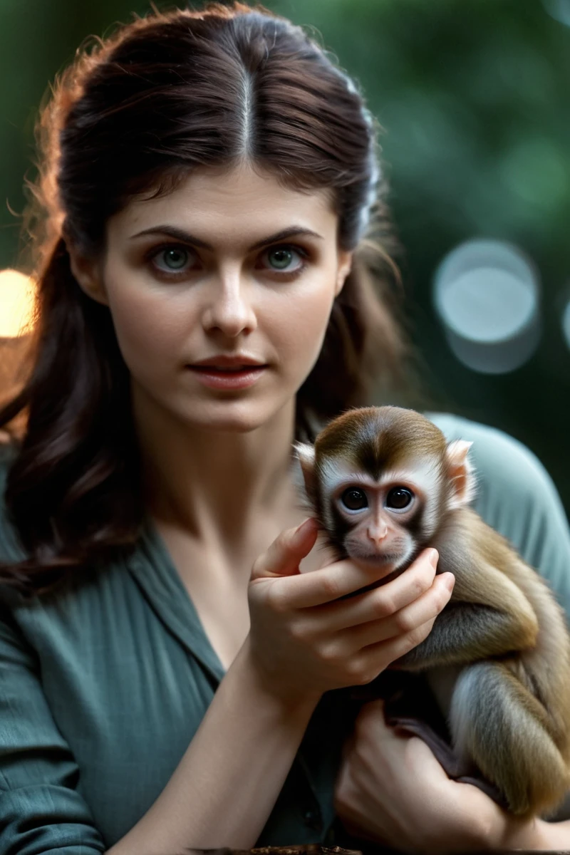 cinematic film still <lora:Alexandra_Daddario_SDXL_101:1> alexandradaddario101 cinematic photo holding a baby monkey , expression , finely detailed eyes, moody, , epic scene, epic composition, Photography, Cinematic Lighting, Volumetric Lighting, ethereal light, intricate details, extremely detailed volumetric rays 35mm photograph, film, bokeh, professional, 4k, highly detailed . shallow depth of field, vignette, highly detailed, high budget, bokeh, cinemascope, moody, epic, gorgeous, film grain, grainy