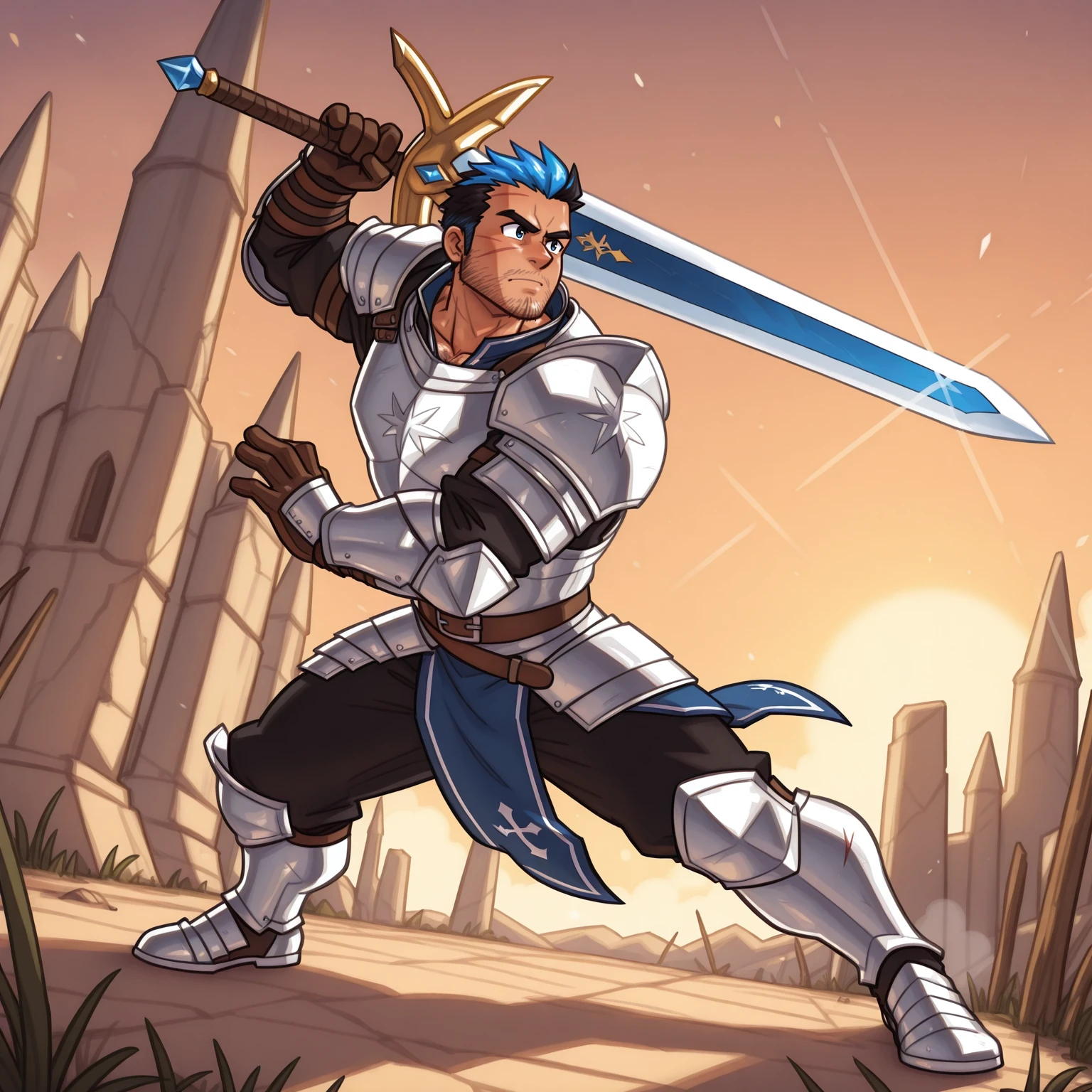 1boy, bara, solo, full body, two-tone hair, multicolored hair, blue hair, mature male, stubble, beard, facial hair, fantasy, scars, body hair, warrior, huge sword, wearing armor, dnd, dynamic pose, dynamic angle, serious expression, male focus, mondoart <lora:mondoart_ILXL_v1:1>