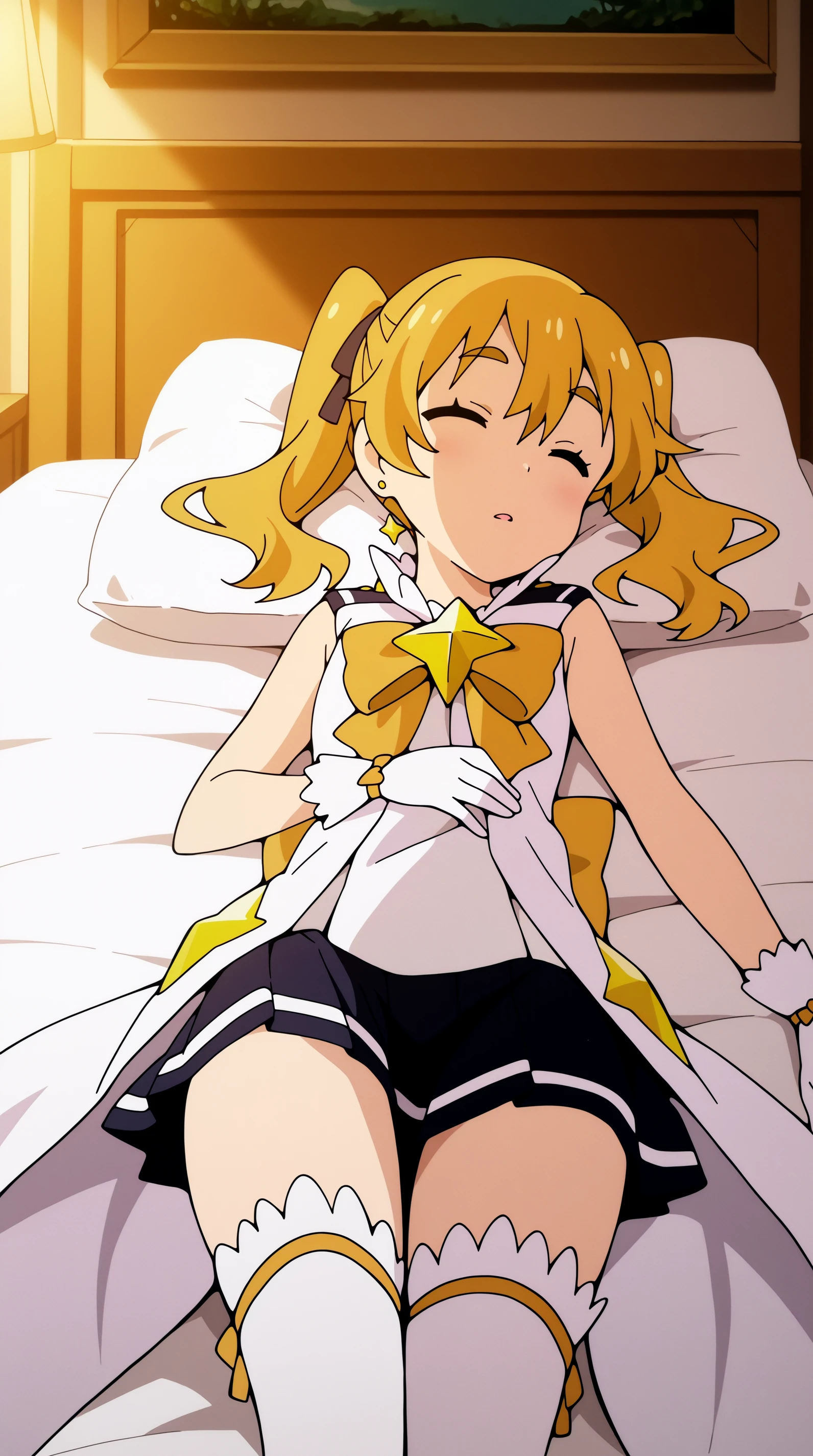 a man and a woman hugging each other on a bed, female sailor uniforms, black teenage girl, detailed - i, fisting, gogo : :, blonde short hair, naive, inspired by Du Qiong, ori, sergeant, (masterpiece, best quality: 1.2),(very detailed face, real image, realistic skin, realistic body, intricate details),1 woman, Kinomoto Sakura, brown hair, alone, skirt, green eyes, Short hair, have, white skirt, white hat, Magic Girl, Antenna hair, laugh, serafuku, pleated skirt, dehisce, looking at viewer, cowboy shot, long sleeves, star (symbol), muffler, kneel on the bed, View diagonal profile, stretch both arms above the head and place them behind the pillow, anime girl lying down, expose plump breasts, whole body, plump thighs, Natural Pose, beautifully, cute, Fix errors without any awkwardness, tall, I have long legs, Wearing (tomoeda_초등school_school_Uniform),black top, tennis mini skirt