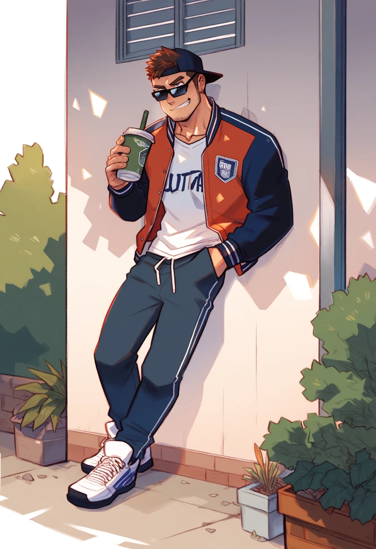 (score_9, score_8_up, score_7_up), 1boy, bara, solo, full body, brown hair, mature male, stubble, college jock, frat boy, varsity jacket, stylish, black sunglasses, grinning, drinking from disposable cup, leaning against wall, wearing backwards cap, male focus, mondoart, smug,<lora:mondoart_Pony_v1:1>