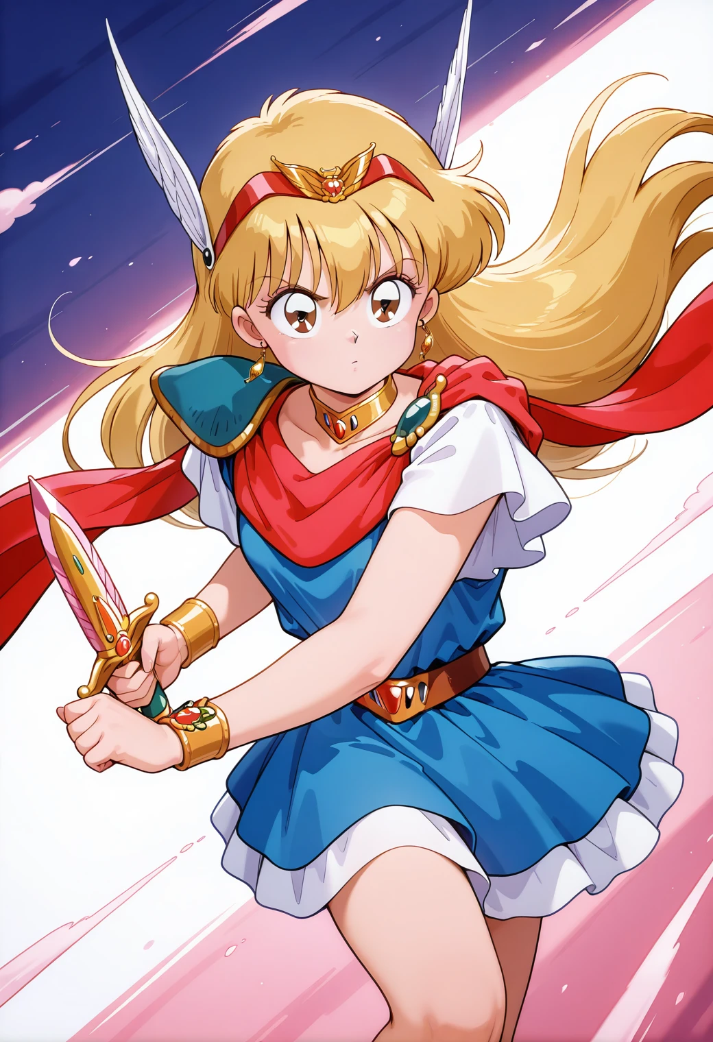 masterpiece, best quality, very aesthetic, absurdres, 1girl, solo, 1990s \(style\), 
<lora:mp_chacha_v01:1>,  mp_chacha, blonde hair, long hair, brown eyes, 
red hairband, tiara, head wings, earrings, choker, single pauldron, red scarf with green gem, short dress, blue dress, white sleeves, short sleeves, belt, buckle, bracelet, fighting stance, dagger, dagger