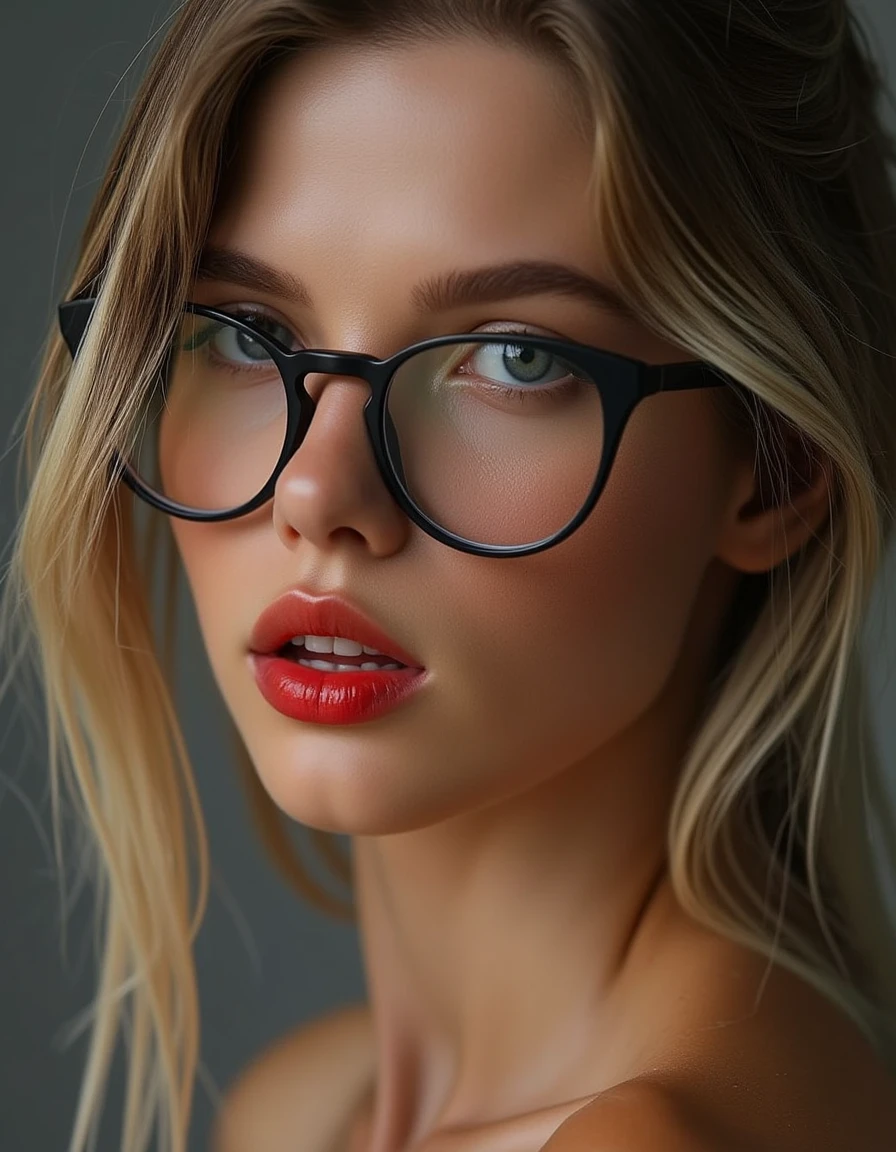 A striking portrait of a fierce woman with piercing eyes and bold, direct eye contact. She wears natural-looking brick-red lipstick and large, avant-garde glasses. The composition embodies a high-fashion editorial aesthetic, blending ethereal beauty with dramatic shadows and luxurious fashion details. The zoomed-out perspective places the subject in 30% of the frame, leaving ample negative space around her head for a modern, minimalist feel. The subtle 3D effect enhances the visual depth, creating a captivating and dynamic image.