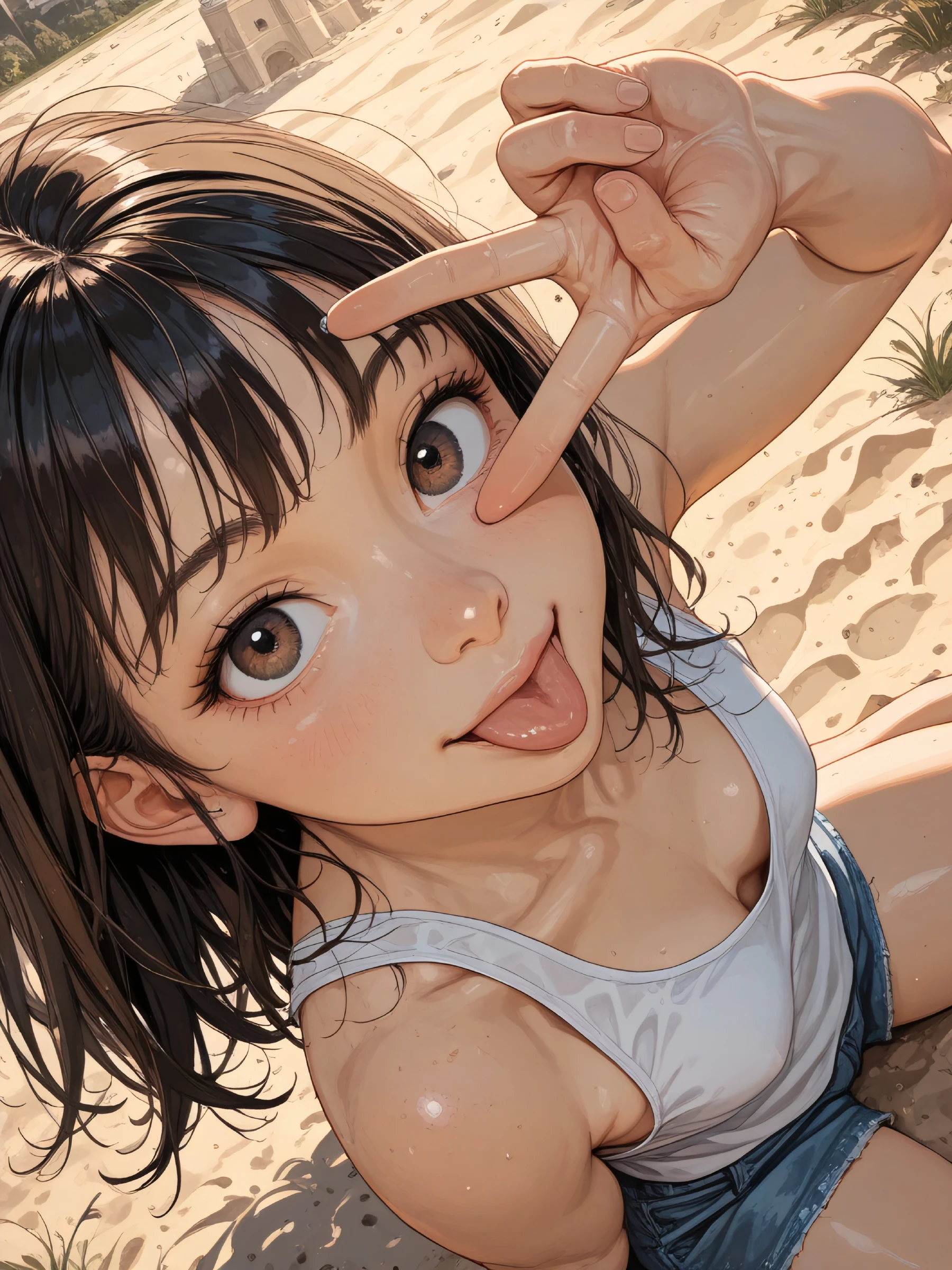 1girl, masterpiece, best quality, amazing quality, realistic, v over eye, (close-up, foreshortening:1.3), from above, smile, tongue out, wariza, arm support, leaning back, arm up, grass, sand, sandcastle, tank-top, shorts