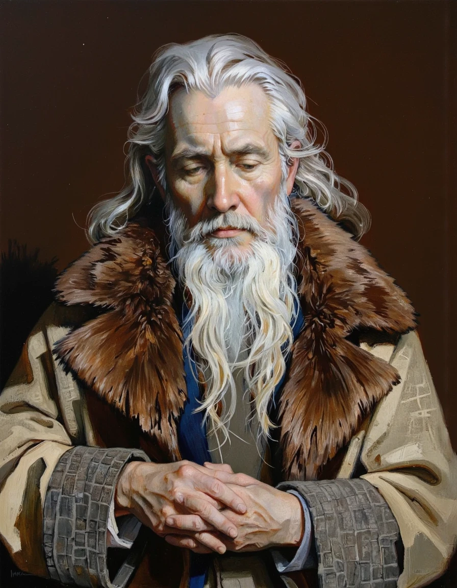 By Donna Young. This is an oil painting portrait of an elderly man with a long, flowing white beard and long, wavy, white hair. The man has a weathered, wrinkled face with a deeply furrowed brow, suggesting a contemplative or pensive demeanor. His eyes are closed, and his expression is solemn. The man's skin is pale with a slightly yellowish undertone, indicating age and exposure to the elements.
He is dressed in a thick, brown fur collar that drapes over his shoulders, with the fur appearing soft and luxurious. The rest of his garment is a textured, beige-colored coat that has a subtle sheen, adding to the rich texture of the image. The background is a solid, dark brown, which contrasts sharply with the man's light skin and clothing, making him the focal point of the image.
The lighting is soft and directional, casting gentle shadows that accentuate the man's features and the texture of his beard and hair. The overall mood of the photograph is somber and introspective, emphasizing the man's age and wisdom through the careful use of light and composition. The image is reminiscent of a classical portrait, capturing the essence of the subject in a timeless, contemplative moment.