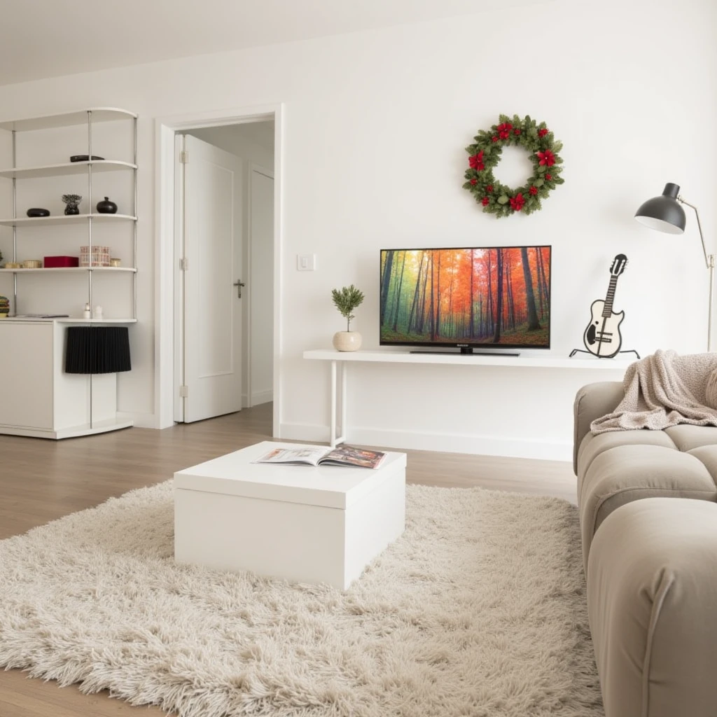 A photo of a modern living room. The space features a light-colored shag rug covering the floor and a sleek white coffee table with a magazine on it. In the background, there is a flat-screen TV displaying an image of colorful trees. Next to the TV, there's a stylish white console with decorative items, including a lamp and a small plant. A mirror shaped **** a guitar hangs on the wall. On the shelves behind, there are some objects and a festive wreath with red accents. The room has a bright, airy feel with a light color palette, and there is a cozy blanket draped over the arm of a nearby couch. The overall atmosphere is inviting and contemporary.