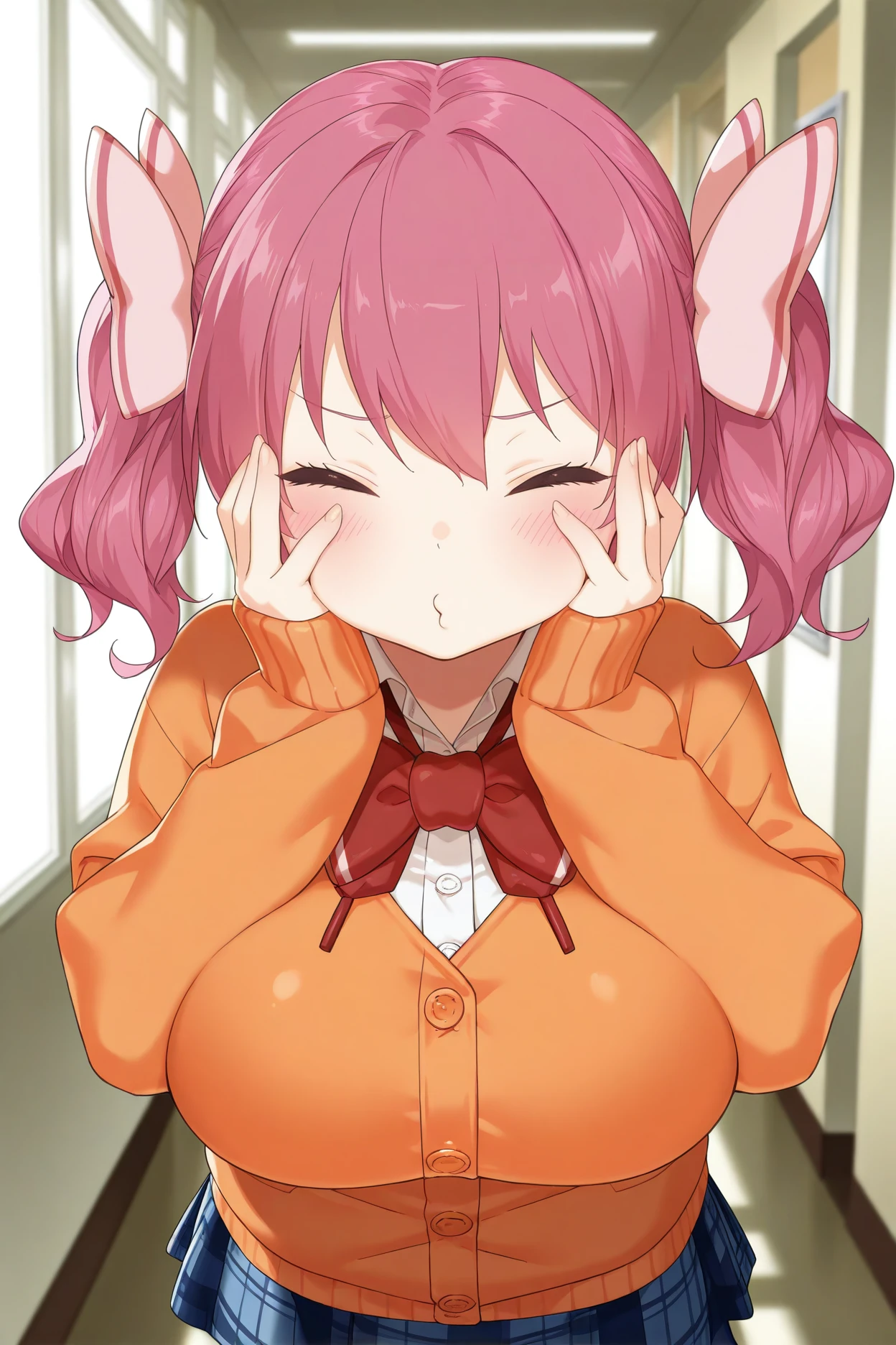 masterpiece, best quality, 1girl, solo, <lora:myumomochi-illu-nvwls-v1-000005:1> myumomo, pink hair, short twintails, huge breasts, hair bow, orange cardigan, collared shirt, buttons, red bowtie, plaid skirt, blue skirt, closed eyes, blush, small mouth, blush, hands on own face, o3o, looking at viewer, hallway