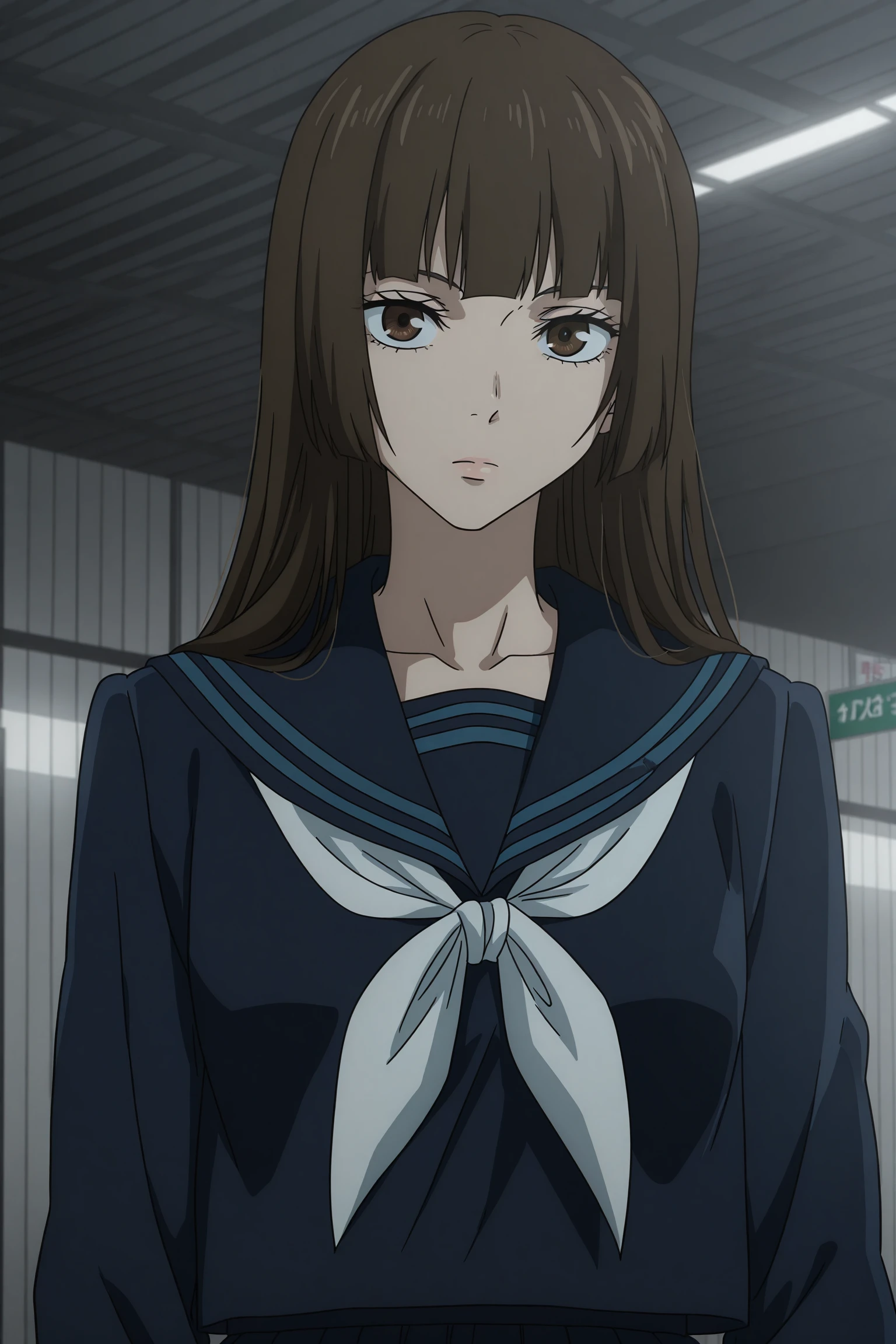 1girl, solo, outdoors, subway station, hasaba mimiko, long hiar, brown hair, hime cut, blunt bangs, brown eyes, blue serafuku, long sleeves, blue sailor collar, white neckerchief, pleated skirt, medium skirt, grey socks, kneehighs, loafers, <lora:Mimiko_Hasaba_ILXL:1>, (aged up:1.3), (upper body:1.5), expressionless, looking at viewer, (anime screencap:1.5), (anime coloring:1.5)