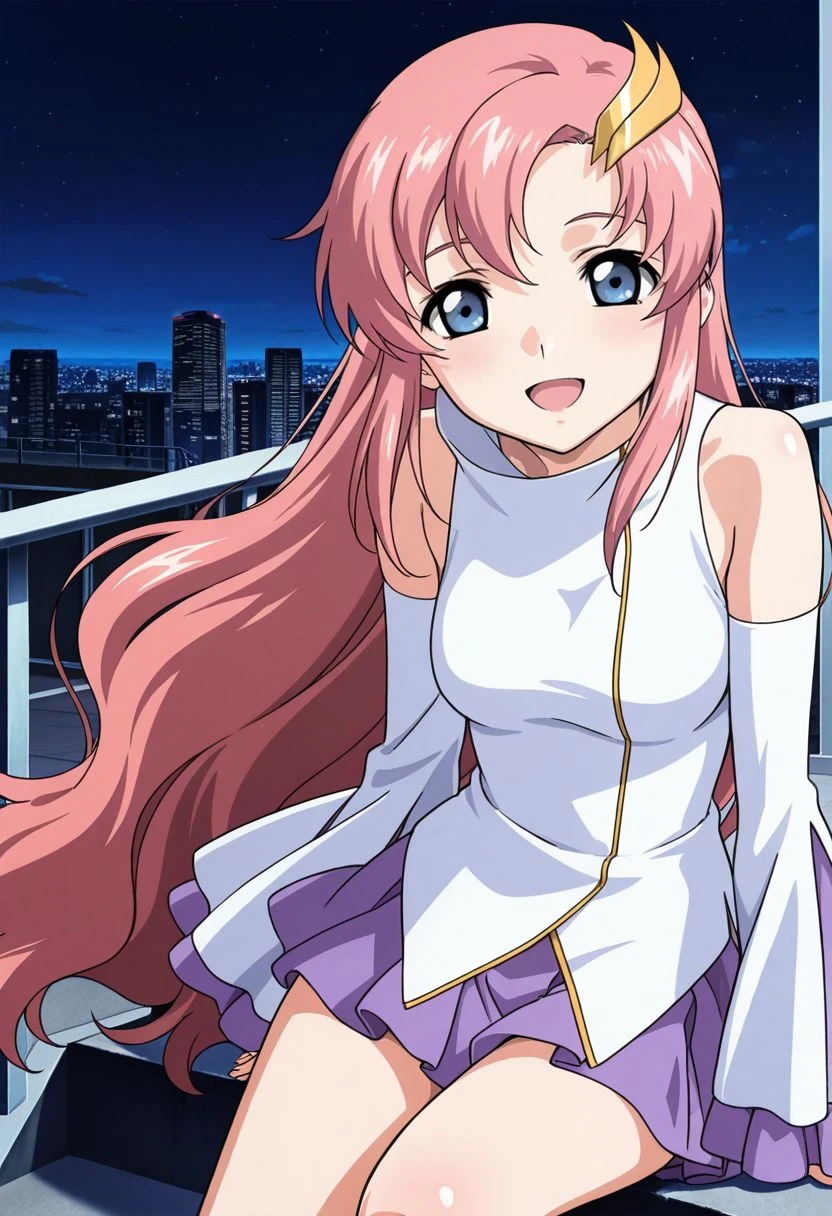 detailed eyes, beautiful, detailed background, perfect eyes,
source_anime, very aesthetic, anime coloring, masterpiece, official art,
<lora:HandFineTuning_XL:1>
BREAK,
street, stairs, cityscape, night,
open smile, looking at viewer, sitting,
BREAK,
<lora:lacus01_illustrious_v01:0.9>
lacusbase, pink hair, long hair, wavy hair, hair ornament, blue eyes, sidelocks ,
purple frilled sleeves, bare shoulders, very long hair, detached sleeves, purple miniskirt,