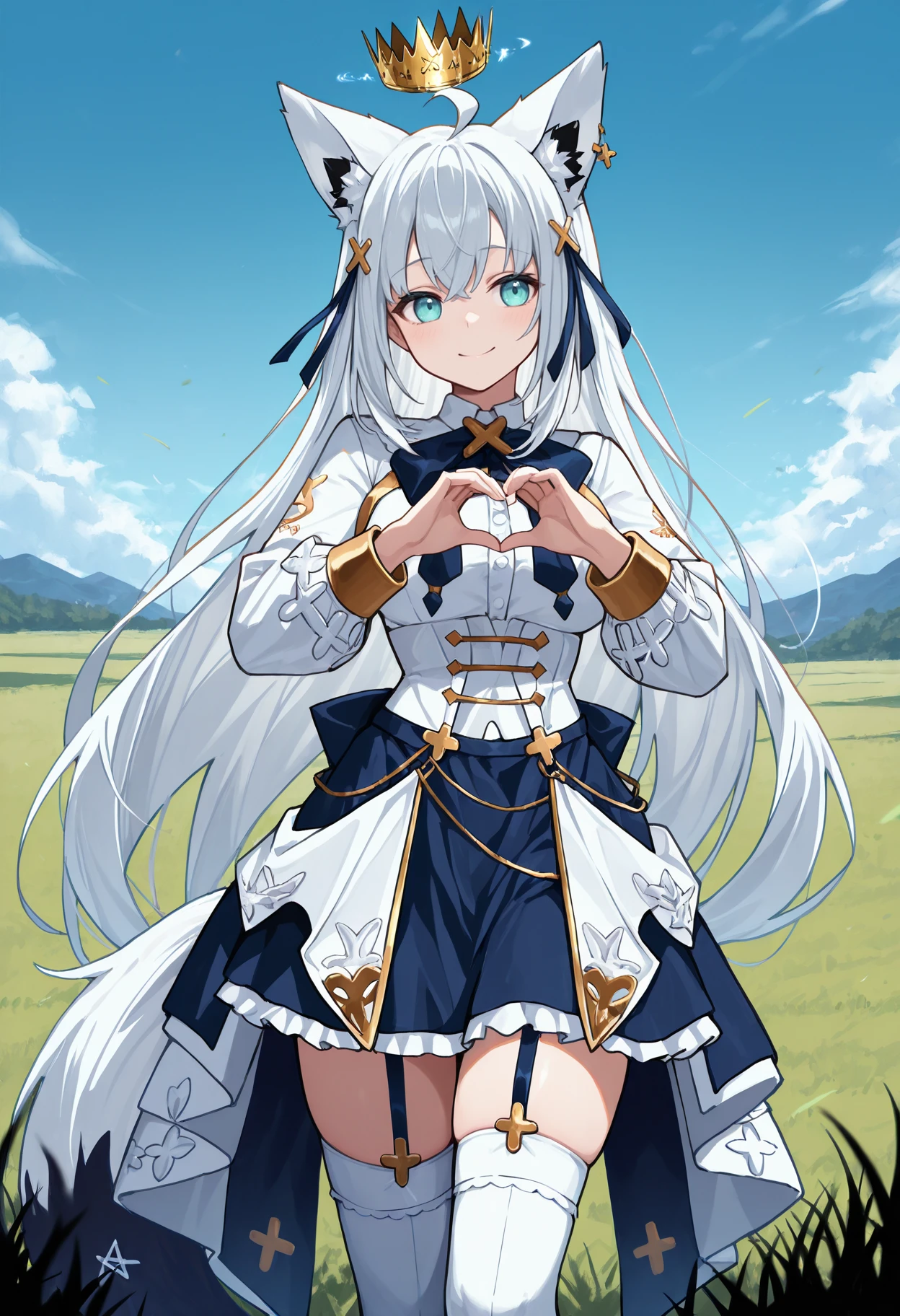 <lora:fubuki_10outfits_illustrious_v2:1>masterpiece, best quality, 1girl, solo, fbk_saint, very long hair, floating crown, white corset, gold trim, blue skirt, white overskirt, blue bow, x hair ornament, white thighhighs, garter straps, long sleeves, (fox tail), grass field, blue sky, heart hands on , smile