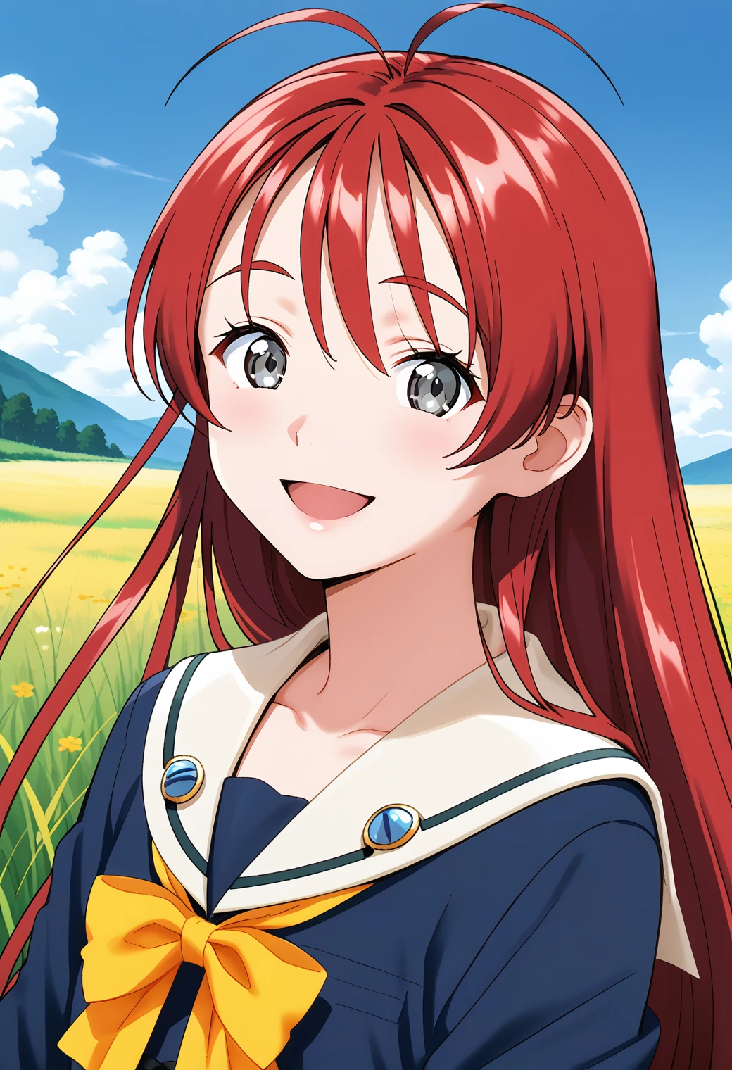 mainami_yuuki, grey eyes, red hair, long hair, very long hair, low-tied long hair, single tied hair, antenna hair, school uniform, beige sailor collar, blue dress, <lora:mainami_yuuki_pony_ver1:0.8>
smile,, 1girl, solo, (field:1.2), (blue sky:1.2), looking at viewer,, score_9, score_8_up, score_7_up, source_anime, best quality, uncensored, rating_safe,, (upper body:1.2), (close-up:1.2), (facing viewer:1.2), (open eyes:1.4), (portrait:1.2)