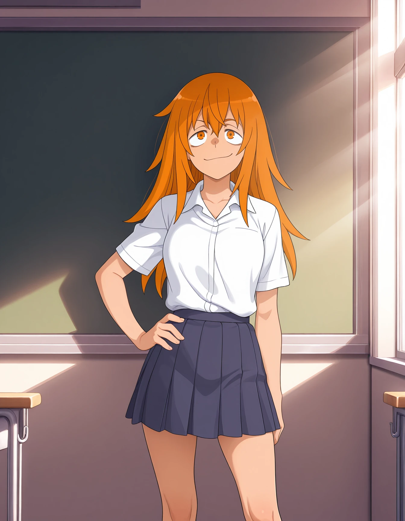 (masterpiece, best quality:1.2), extremely detailed, soft ambient lighting, sharp focus, 4K, BREAK <lora:Gamo Chan:1>, 1girl, solo, school uniform, long orange hair, orange eyes, evil grin,