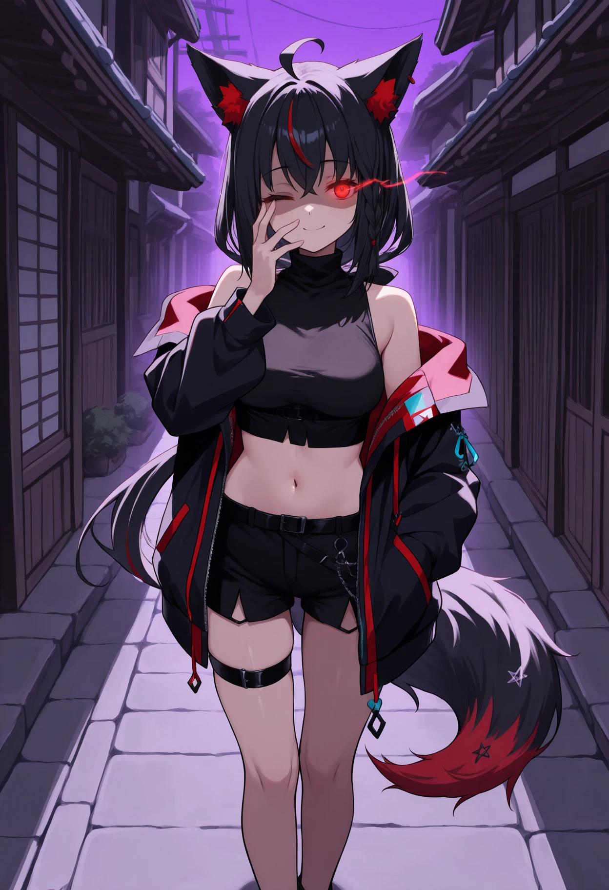 ((Long Straight Black hair)), Perfect face, Choker, Punk earrings, ((Tall)), ((High Quality)), Necklace, ((Mature)), Pretty Eyes, Sharp Nails, Bangs, ((1 Girl)), ((Multiple Earrings)), 1 girl, Spiky Earrings, Adult, Spiked Collar, Thin Eyelashes, Black Background, Red Colors in Background, Vampire Girl, Long Tail, Large Tail, Shark Tail, ((Hot Pants)), ((Long Sleeve Crop Top)), Close Up, Tall, Long Legs, Dynamic Pose, Black Tail, 2 moles under left eye, Pantyhose, Vibrant Colors, Close Up, Sexy, Suggestive, Sexually Suggestive, Thick, Thick Body, Skinny, Black Thigh Highs, Teasing, Ponytail, Slender Body, Stylish, NSFW, Naked, Nipples, Vagina,