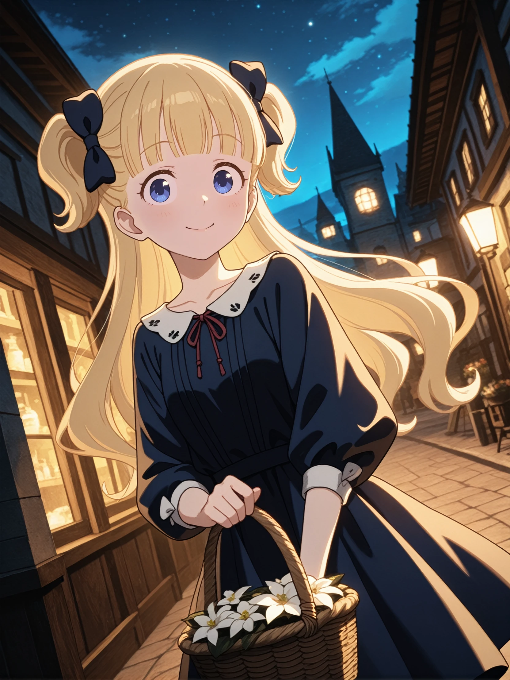 masterpiece, best quality, high resolution, very aesthetic, absurdres, newest, professional, high-quality, detailed eyes,
<lora:ILAEmilico:1.0>
AEmilico, 1girl, blonde hair, blue eyes, hair bow, blunt bangs, two side up, long hair, looking at viewer, casual clothes,one-piece dress, flower girl,holding basket,smile happy, realstic background, depth of fields,cinematic lighting,dutch angle,outdoors,night,town