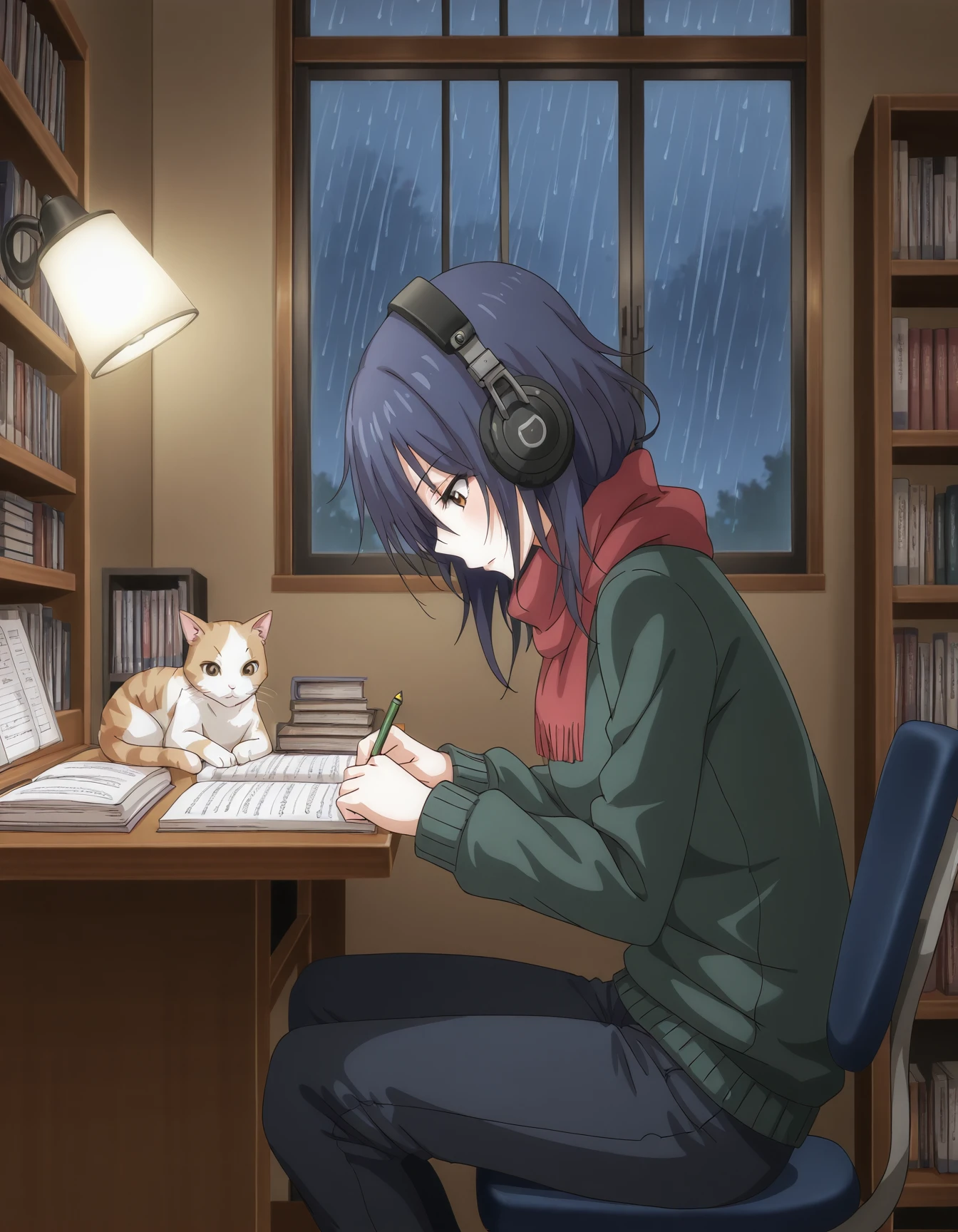 <lora:ikoma-yui-v2-illustrious-000020:0.9> ik0m4yu1, blue hair, brown eyes,
1girl, solo, scarf, red scarf, sweater, green sweater, pants, headphones, pencil, studying, looking down, sitting, chair, desk, bookshelf, cat, window, indoors, night, raining, lamp, dark, from side, masterpiece, best quality