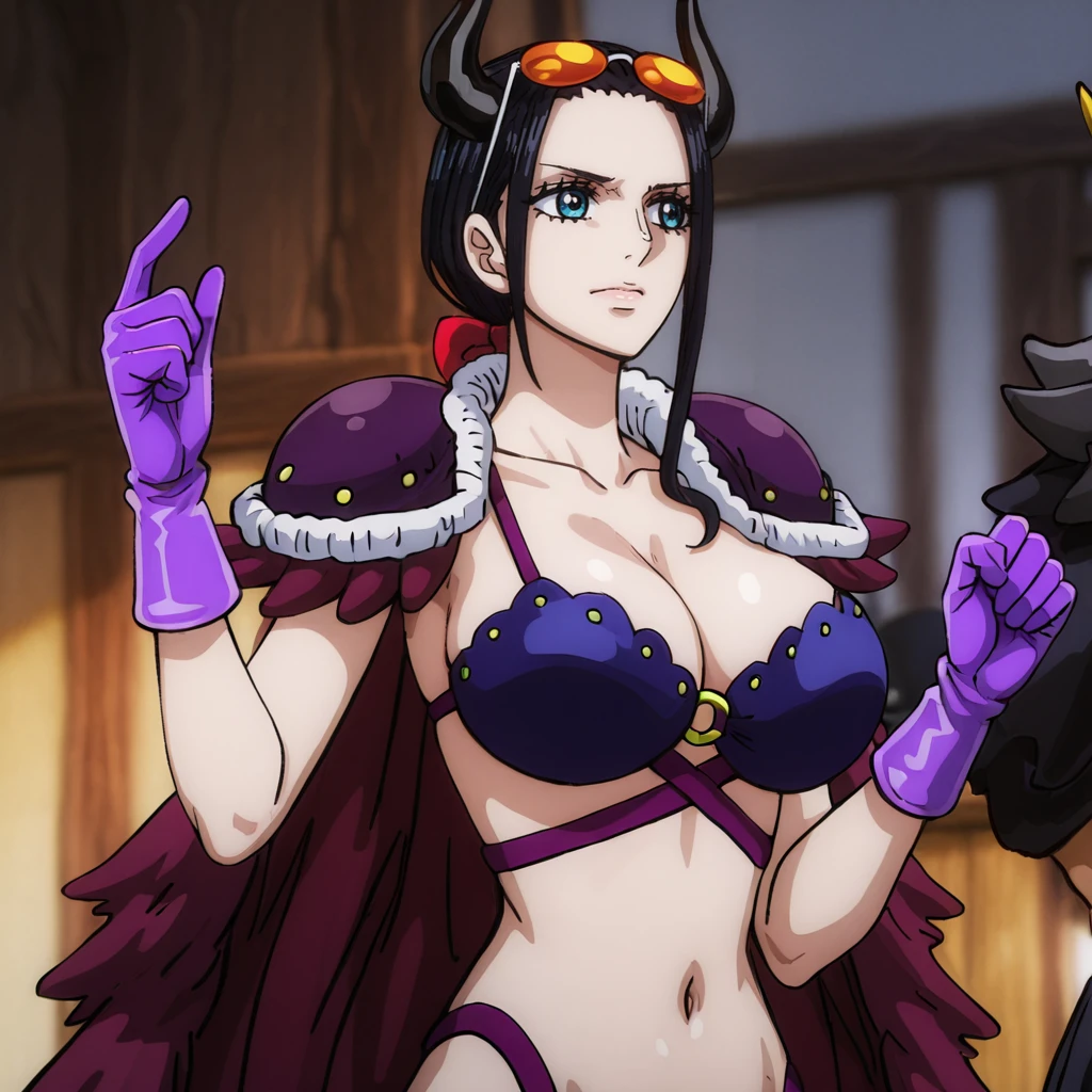 <lora:NicoRobin_illustrious_v1:1>NicoRobinMonster, 1girl, large breasts, black hair, purple gloves, cape, horns, navel, cleavage, eyewear on head, blue eyes, shoulder armor, stomach, sunglasses, collarbone, swimsuit, bikini armor, long hair, revealing clothes, pauldrons, o-ring, shoulder pads