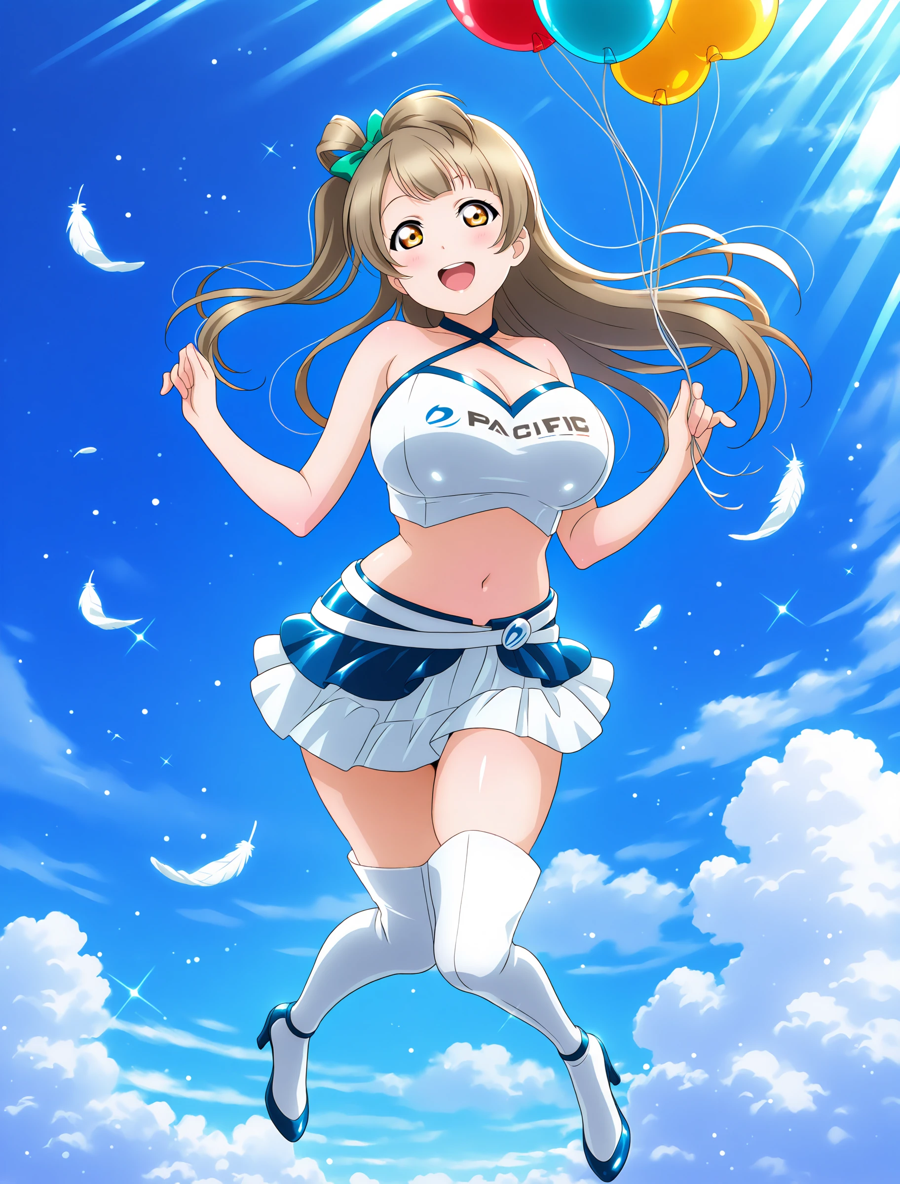 <lora:Koto-Umi-Riko-Shizu-Setsu-LLAS-IllustriousXLV01-V1:0.5> <lora:Koto-Umi-Riko-Shizu-Setsu-LLAS-NoobAIXLV11-V1:0.5> <lora:sdxl-boldline:-0.8> <lora:il_saturation_slider_d1:-0.3>
<lora:PRT2014-Race-Queen-IllustriousXLV01-V3:1>
(llas:1.4), (masterpiece, very aesthetic, absurdres, very awa:1.2), best quality, highres, newest, perfect anatomy, perfect lighting, anime coloring, anime screenshot BREAK
(sparkle, light particles:0.8), light rays, depth of field BREAK
1girl, solo, looking at viewer, full body BREAK
minami kotori, (blue bow:1.2) BREAK
big pupils, (detailed eyes:1.2), (huge breasts), curvy, lips, :d, upper teeth only BREAK
PRT2014RQ, halterneck crop top, belt skirt, thigh boots, strappy heels, shiny skin, shiny clothes BREAK
(holding balloon:1.2), (blue sky, sky:1.2), flying, in air, falling feathers