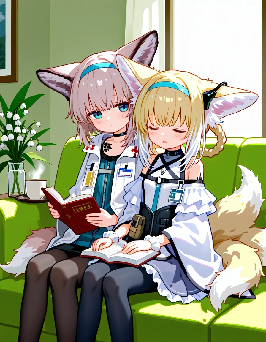 E_0x0194_type2, sussurro \(arknights\), suzuran \(arknights\), 2girls, animal ears, black pantyhose, blonde hair, blue eyes, blue hairband, blush, book, closed eyes, closed mouth, colored tips, couch, cup, earpiece, flower, fox ears, fox girl, fox tail, grey hair, hairband, holding, holding cup, indoors, kitsune, kyuubi, lily of the valley, multicolored hair, multiple girls, multiple tails, name connection, object namesake, open mouth, pantyhose, reading, short hair, sitting, sleeping, sleeping upright, tail, two-tone hair, white hair