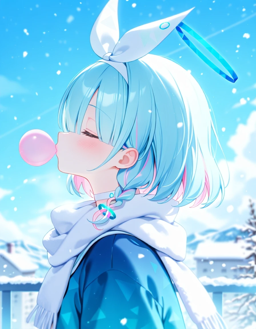 alens,
1girl, arona \(blue archive\), solo, bubble blowing, pink hair, closed eyes, chewing gum, halo, blue halo, multicolored hair, white choker, choker, colored inner hair, blue hair, upper body, cloud, blue sweater, hairband, sky, blurry, from side, short hair, outdoors, braid, blush, sweater, day, profile, depth of field, two-tone hair, blurry foreground, side braid, single braid, blurry background, aqua hair, snow, winter, santa hat, puffy clothes, snowing, scarf, hat, masterpiece, best quality, good quality,
