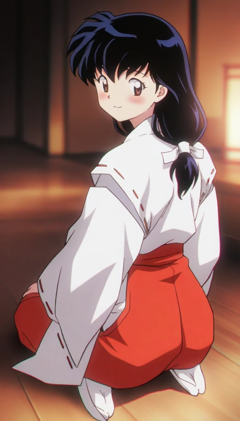 masterpiece,best quality,amazing quality,
<lora:higurashikagomeIL:1>,higurashikagome,
1girl,solo,black hair,long hair,low ponytail,white scrunchie,bangs,brown eyes,miko outfit,red hakama,
seiza,looking at viewer,smile,back view,
indoors,wooden floor,
soft lighting,depth of field,