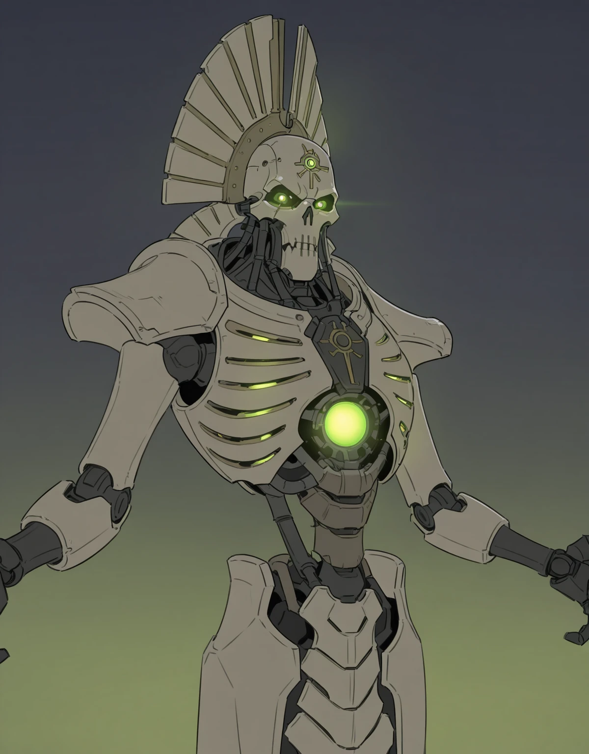 masterpiece,best quality,amazing quality,very aesthetic,absurdres,newest,
BREAK
dark background, dim lighting, flat color,
<lora:Necron_Illustrious:1> necron, glowing, armor, robot, green eyes