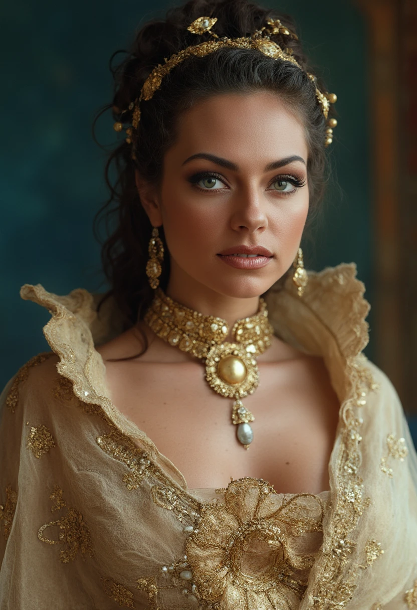 the image is a high-quality professional close up headshot photograph of stacysanches. reimagined in a fantasy setting as a Mexican Princess. Showcases an ethereal and regal atmosphere. hair styled in an intricate updo adorned with ornate golden headpieces and earrings. Her facial features are sharp and symmetrical, with a focused and determined expression. She wears an elaborate,light-colored gown with a high, scalloped neckline, embellished with intricate patterns and large, shimmering golden jewels, including a prominent, circular brooch at the neckline. The fabric appears to be a rich, heavy material, possibly velvet or satin, enhancing the opulent feel of the attire. The background is a gradient of dark blue to warm orange hues, creating a dramatic contrast with Karen's attire and emphasizing her as the central focus. The lighting is soft and diffused, highlighting her facial features and the textures of her clothing, adding to the overall high aesthetic quality of the image. The composition follows the rule of thirds, with stacysanches positioned slightly off-center to the right, drawing the viewer's eye naturally to her face and upper body. The image has a cinematic quality, reminiscent of high fantasy film art, with a very high level of detail and realism. The overall style is both majestic and captivating, making it visually striking.