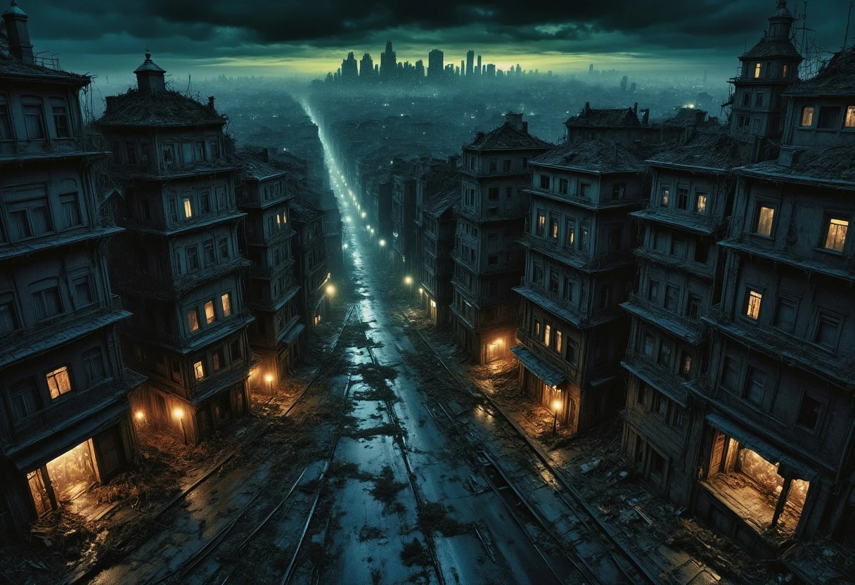 high quality, 8K Ultra HD, a metropolis where elements of nightmarish surrealism converge into a scary, gore, horror scene, Escher's influence is subtly incorporated, transforming the city into an intricate, mind-bending spectacle, Stark contrasts between light and dark enhance the dreamlike quality of the scene, creating an unsettling yet captivating urban horrific dreamscape, photorealistic, ultra realistic,