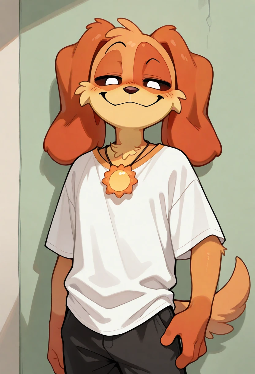 best quality, amazing quality, very aesthetic, absurdres, newest, dogday, poppy playtime, furry, sun necklace, black pants, tshirt, 1man, solo, looking at viewer, smug, <lora:DogDay_Poppy_Playtime_Illustrious:1>