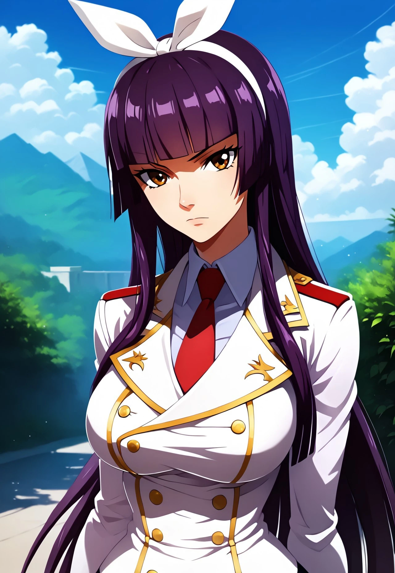 safe_pos, safe_pos, score_9, score_8_up, score_7_up, whentai,

Kagura Mikazuchi, long hair, purple hair, hime cut, white hairband, brown eyes, 1girl, solo, necktie, breasts, looking at viewer, shirt, day, closed mouth, purple hair, red necktie, black pantyhouse, outdoors, large breasts