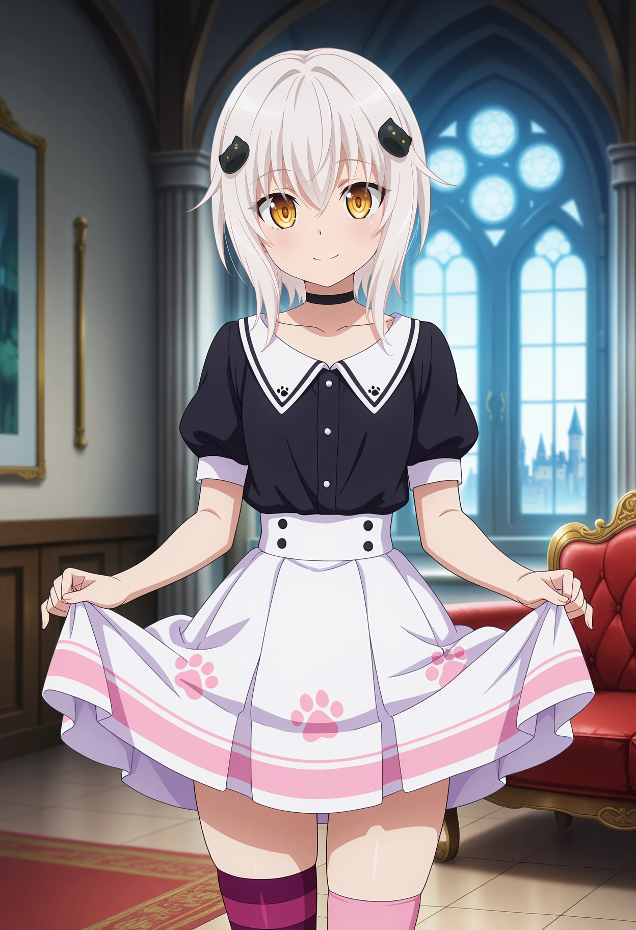 anime screencap, masterpiece, best quality,
<lora:HighSchoolDxDHERO_ToujouKoneko_IlluXL:0.9>,
1girl, solo, closed mouth, smile, light blush,
white hair, yellow eyes, short hair, cat hair ornament,
black choker, collarbone, blouse, black shirt, shirt tucked in, puffy short sleeves, print skirt, white skirt, paw print,
asymmetrical legwear, single thighhigh, striped thighhighs, purple thighhighs, pink thighhighs,
skirt hold,
standing, looking at viewer,
blurry background, indoors, castle, couch, window