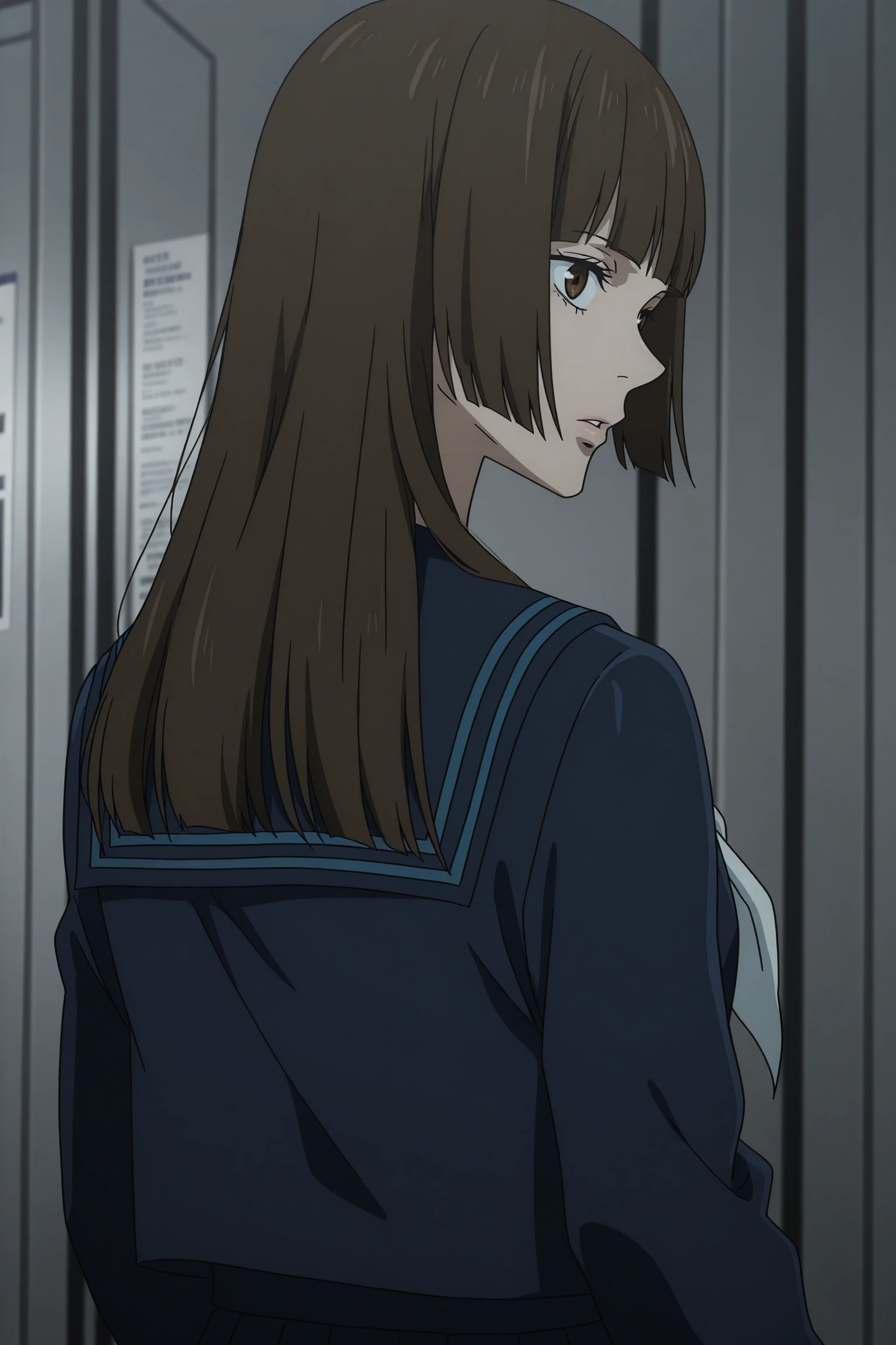 1girl, solo, outdoors, subway station, hasaba mimiko, long hiar, brown hair, hime cut, blunt bangs, brown eyes, blue serafuku, long sleeves, blue sailor collar, white neckerchief, pleated skirt, medium skirt, grey socks, kneehighs, loafers, <lora:Mimiko_Hasaba_ILXL:1>, (aged up:1.3), (upper body:1.5), expressionless, looking at viewer, (anime screencap:1.5), (anime coloring:1.5), (from behind:1.5), parted lips