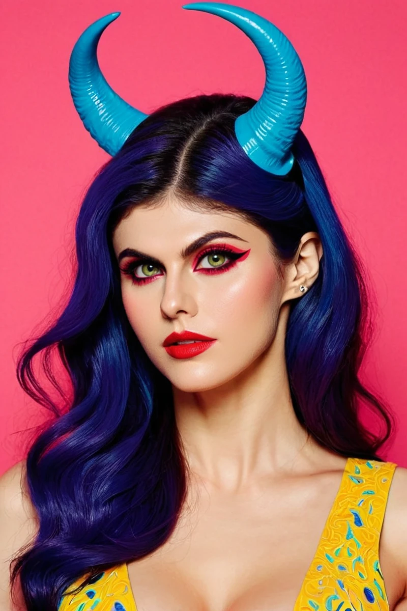Pop Art style <lora:Alexandra_Daddario_SDXL_101:1> alexandradaddario101 demon with goat horns . Bright colors, bold outlines, popular culture themes, ironic or kitsch