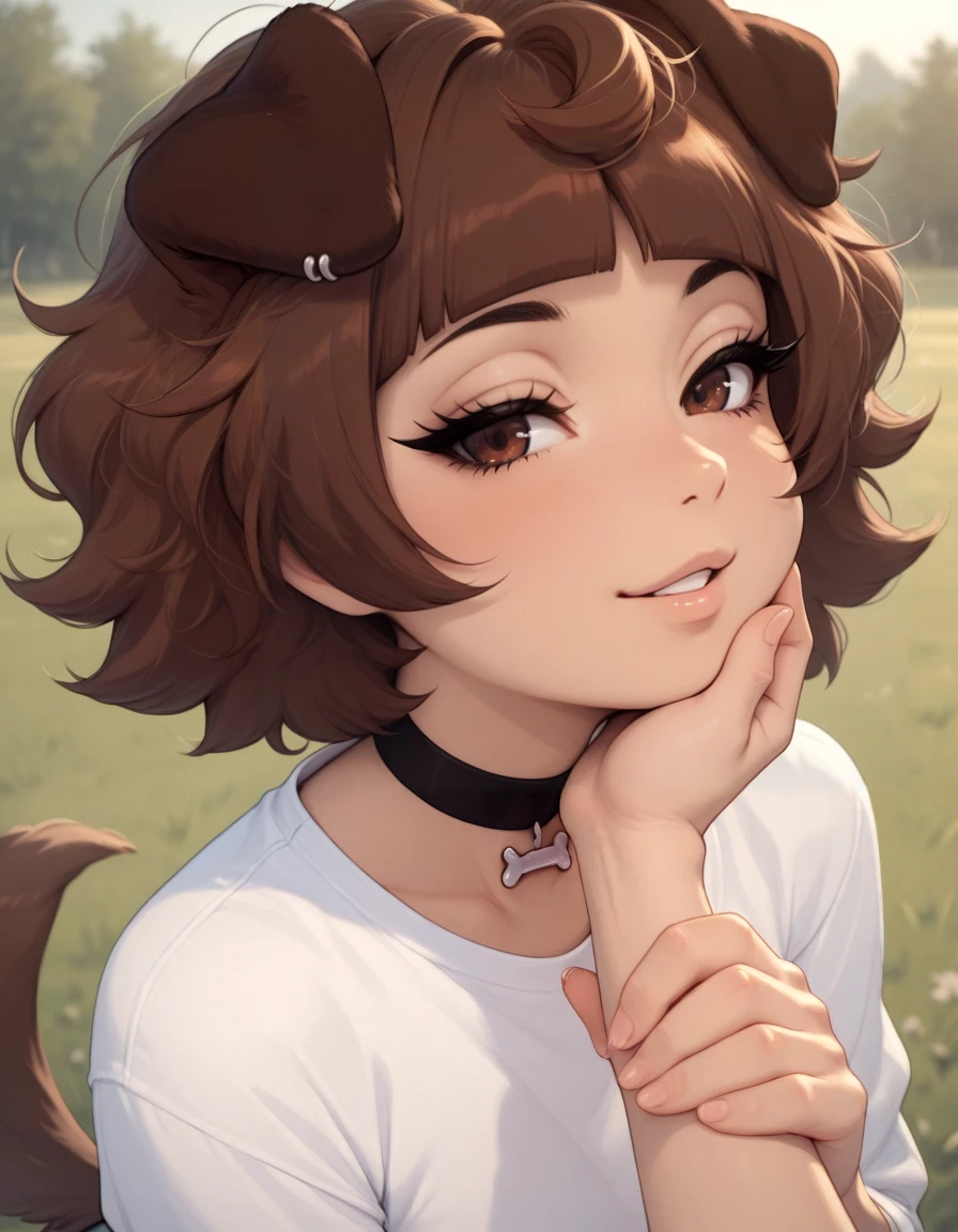 masterpiece, best quality,
outdoors,
white shirt,
upper body,face focus,long eyelashes,parted lips,seductive smile, hand touching chin,
<lora:Mimi_v01_ILXL:1>,
Mimi,1girl,solo,dog girl,short hair,brown hair,blunt bangs,dog ears,brown eyes,black choker,dog tail,