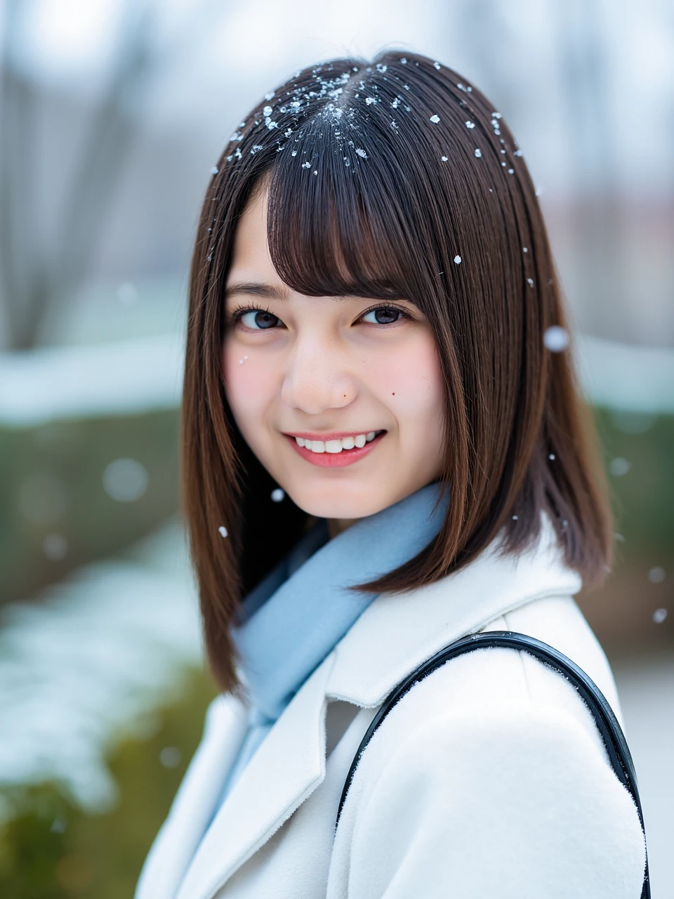 Facial close-up, a sharp focus 35mm photo of a young Japanese woman named kosakana with semi-long straight hair and bangs. She smiled slightly at the corner of her mouth and looked at the camera. Her hair is styled in a shoulder-length bob with bangs that fall over her shoulders. The woman is wearing a white coat and a light-blue scarf around her neck, and has a black shoulder bag slung over her shoulder. The background appears to be a park or garden with trees and bushes. The overall color tone of this photo is bright and soft. The season seems to be winter, with snow falling and snowflakes drifting in the wind. It's snowing heavily, The woman' hair and clothing are also covered in snowflakes. ** Delicate face.