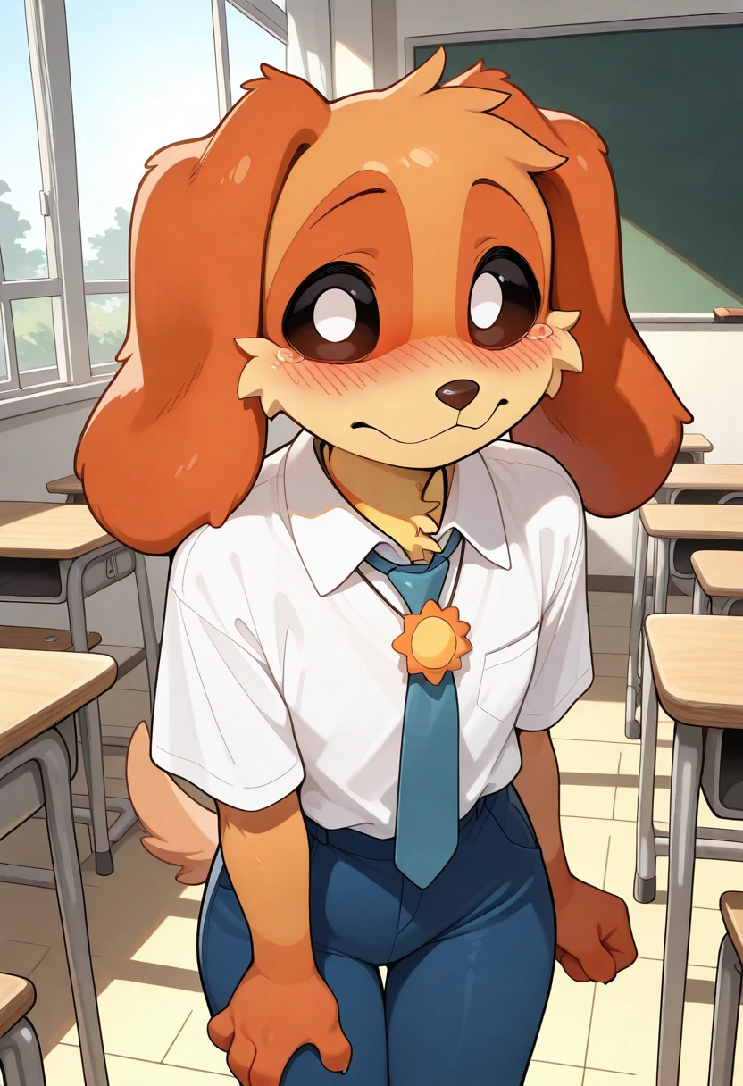 best quality, amazing quality, very aesthetic, absurdres, newest, dogday, poppy playtime, furry, sun necklace, solo, blue pants, white shirt, tie, blush, classroom, day, looking at viewer, <lora:DogDay_Poppy_Playtime_Illustrious:1>