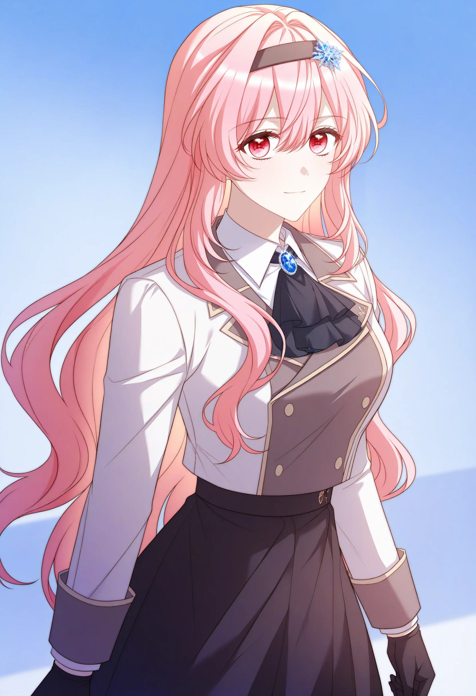 masterpiece, best quality, amazing quality, very aesthetic, absurdres, solo, 1girl,
light smile, looking at viewer,
Asha_IllustV1, pink hair, long hair, skirt, gloves, black ascot, jacket, black skirt, brooch, black gloves, ascot, white jacket, bangs, shirt, hair between eyes, red eyes, hairband, collared shirt, hair ornament, long sleeves, jewelry, very long hair, pink eyes, white shirt, <lora:Asha_IllustV1:1>