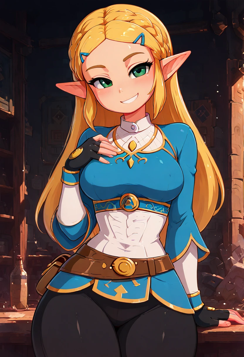 masterpiece, best quality, medium breasts, (curvy), BREAK, princess zelda, long hair, crown braid, hairclip, pointy ears, blue shirt, long sleeves, fingerless gloves, black gloves, black pants, tight pants, smile, curvy, head tilt, sitting,smile, looking at viewer, cowboy shot, <lora:LandidzuStyleIXL_v2:1.0>,