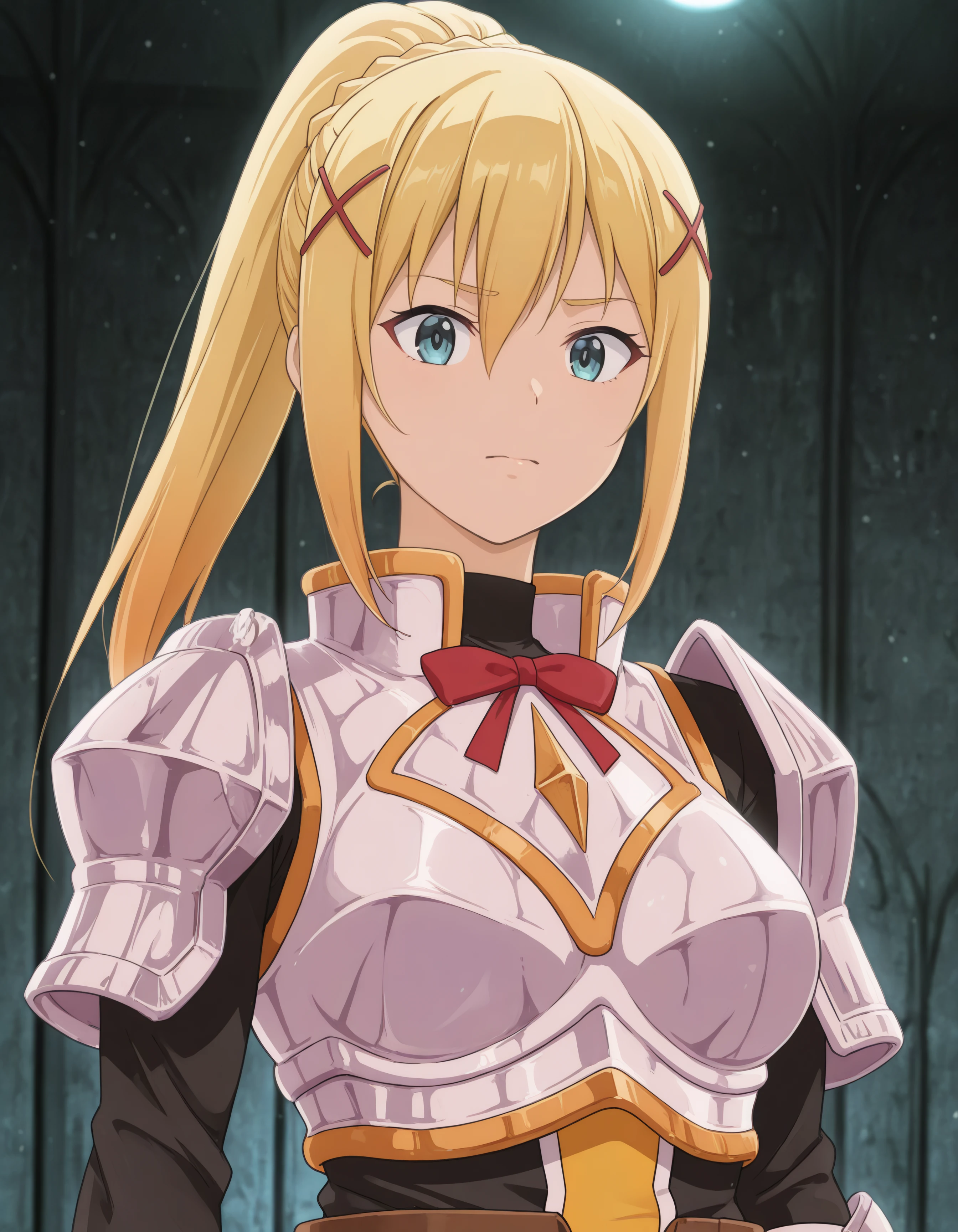 Simple White Background,
dynamic pose,standing at attention,
yellow and black outfit ,shoulder armors,capelet,
<lora:Darkness_Konosuba-KK77-V1:0.7>, darkness \(konosuba\),
blue eyes, Blonde hair,bangs,Long hair,x hair ornament, high ponytail,
<lora:Oda_Non_Style-KK77-V2:0.3>,<lora:more_details:0.1>,
1 girl, 20yo,Young female,Beautiful long legs,Beautiful body,
Beautiful Nose,Beautiful character design, perfect eyes, perfect face,expressive eyes,perfect balance,
looking at viewer,(Focus on her face),closed mouth, (innocent_big_eyes:1.0),(Light_Smile:0.3),
official art,extremely detailed CG unity 8k wallpaper, perfect lighting,Colorful, Bright_Front_face_Lighting,White skin,
(masterpiece:1.0),(best_quality:1.0), ultra high res,4K,ultra-detailed,
photography, 8K, HDR, highres, absurdres:1.2, Kodak portra 400, film grain, blurry background, bokeh:1.2, lens flare, (vibrant_color:1.2),professional photograph,
(Beautiful,large_Breasts:1.4), (beautiful_face:1.5),(narrow_waist),