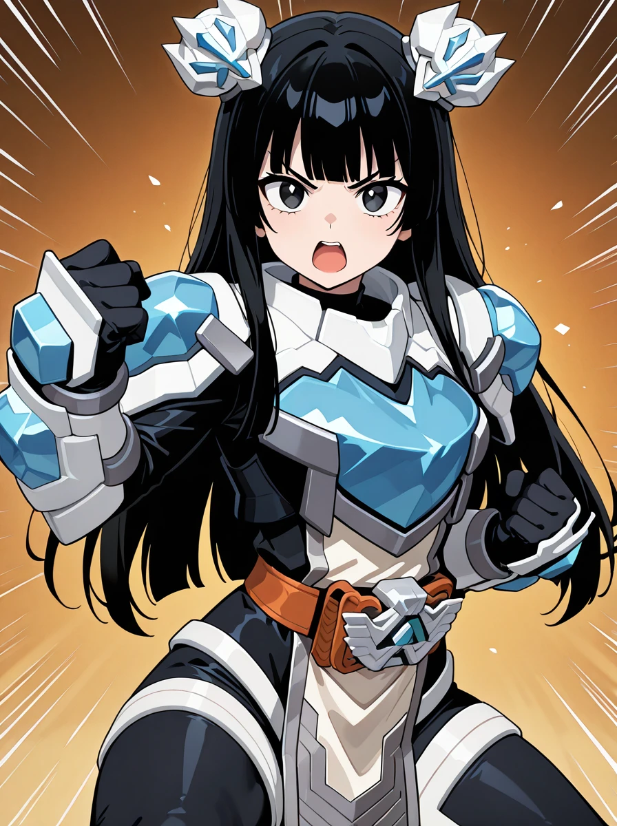masterpiece, best quality, amazing quality, very aesthetic, absurdres, newest,(anime coloring), anime screenshot, white ,,, helmetless long_hair,
<lora:KamenRiderMajade:0.9>1girl, armor, mooncerberus , , , gloves, bodysuit, black_hair blunt bangs,, black eyes , looking at viewer, serious, looking at viewer, loincloth, simple background, black hair, fighting stance, happy clenched hands, open mouth, motion lines,