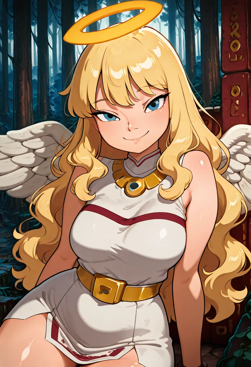 masterpiece, best quality, medium breasts, (curvy), BREAK, 1girl, solo, blonde hair, wavy hair, angel, angel wings, halo, smile, sitting, forest, white dress,smile, looking at viewer, cowboy shot, <lora:RoadToChelDorado_IXL:1.0>,