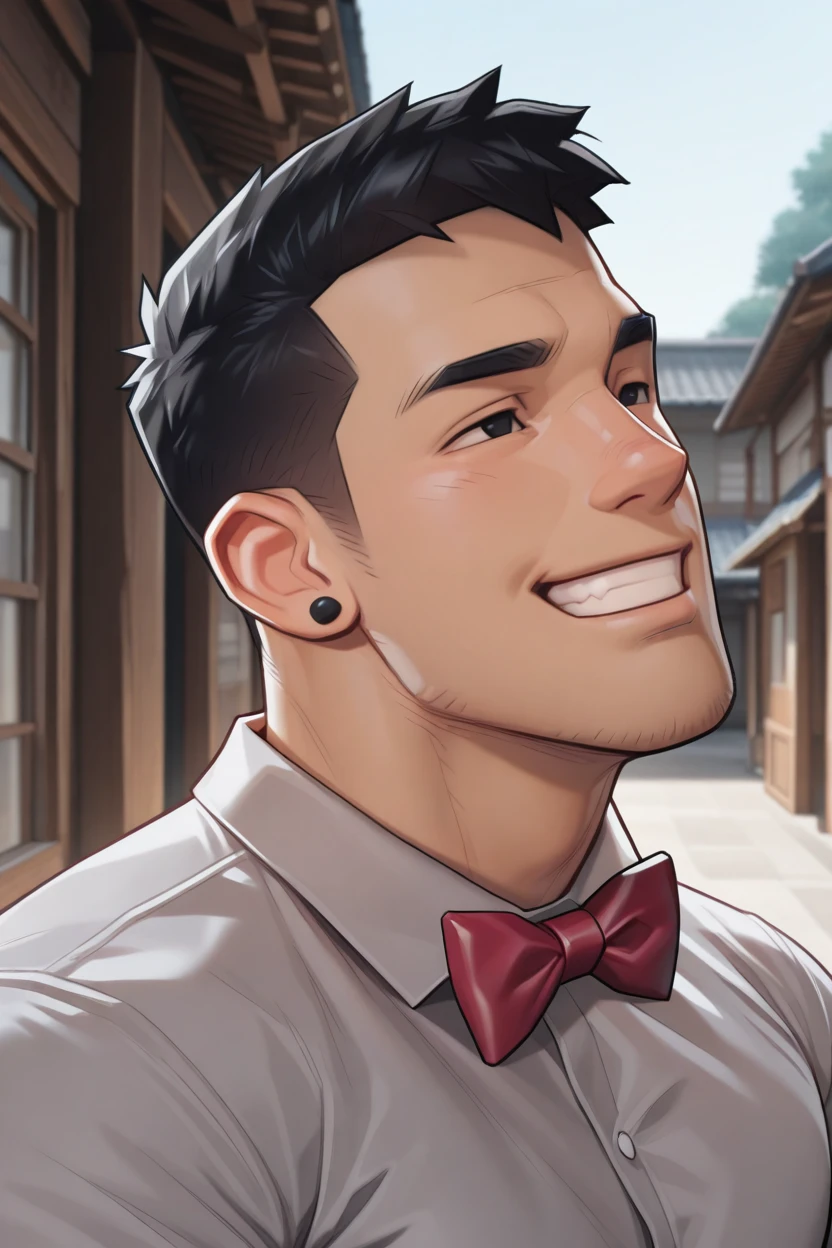 bara,solo,character: wei silver,1 young man,asian,short black hair,ear stud,black eyes, portrait, grey shirt, red bowtie,grin,outdoors,detailed background
(masterpiece, best quality), very aesthetic, absurdres,highest detailed, very awa