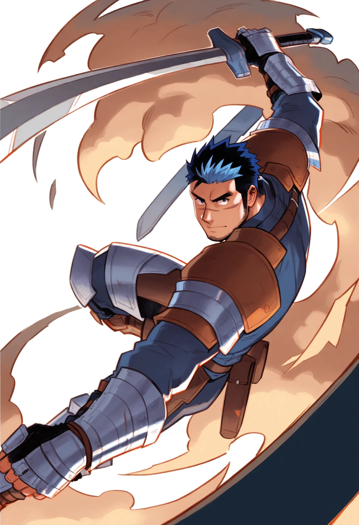 (score_9, score_8_up, score_7_up), 1boy, bara, solo, full body, two-tone hair, multicolored hair, blue hair, mature male, stubble, beard, facial hair, fantasy, scars, body hair, warrior, huge sword, wearing armor, dnd, dynamic pose, dynamic angle, serious expression, male focus, mondoart,<lora:mondoart_Pony_v1:1>