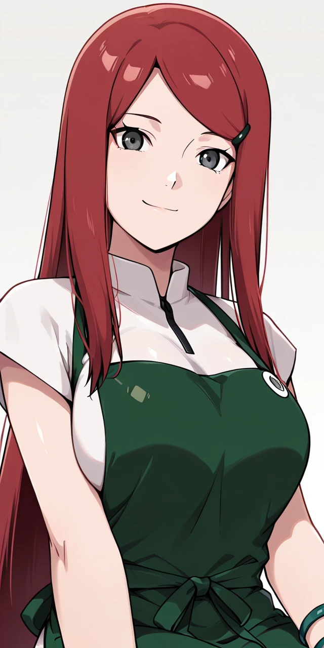 masterpiece, high quality, best quality amazing quality, ,ydksn, 1girl, solo, long hair, , looking at viewer, smile, bangs, simple background, shirt, hair ornament,jewelry, sitting, very long hair, closed mouth, black eyes, grey eyes, white shirt, short sleeves, red hair, hairclip, shiny, collared shirt, apron, shiny hair, bracelet, parted bangs, straight hair, green apron <lora:Kushina_ydksn_V2:1>