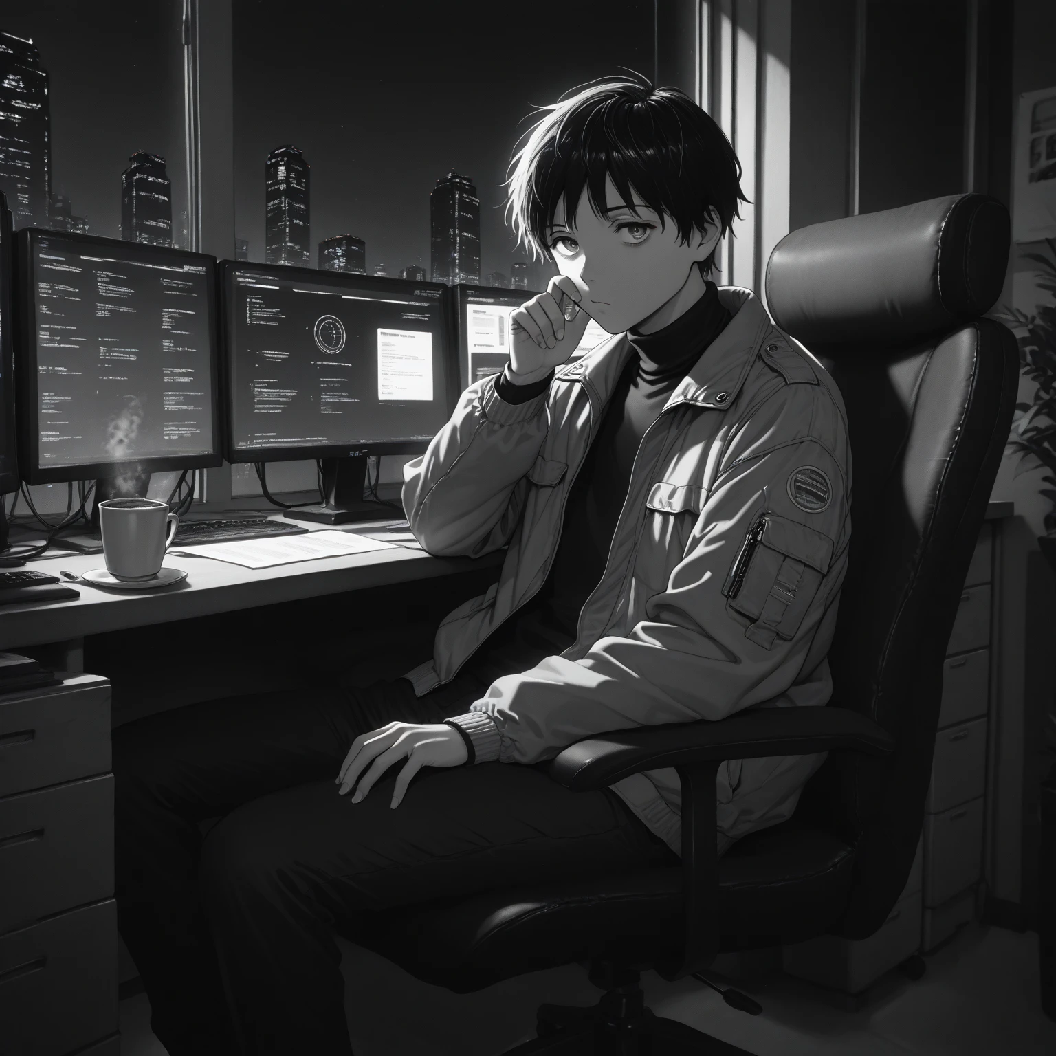 masterpiece, best quality, amazing quality, greyscale, 1boy, short hair, jacket, office, science fiction, sitting on chair, monitor, thinking, turtleneck, night, solo, window, drinking tea, looking at viewer,