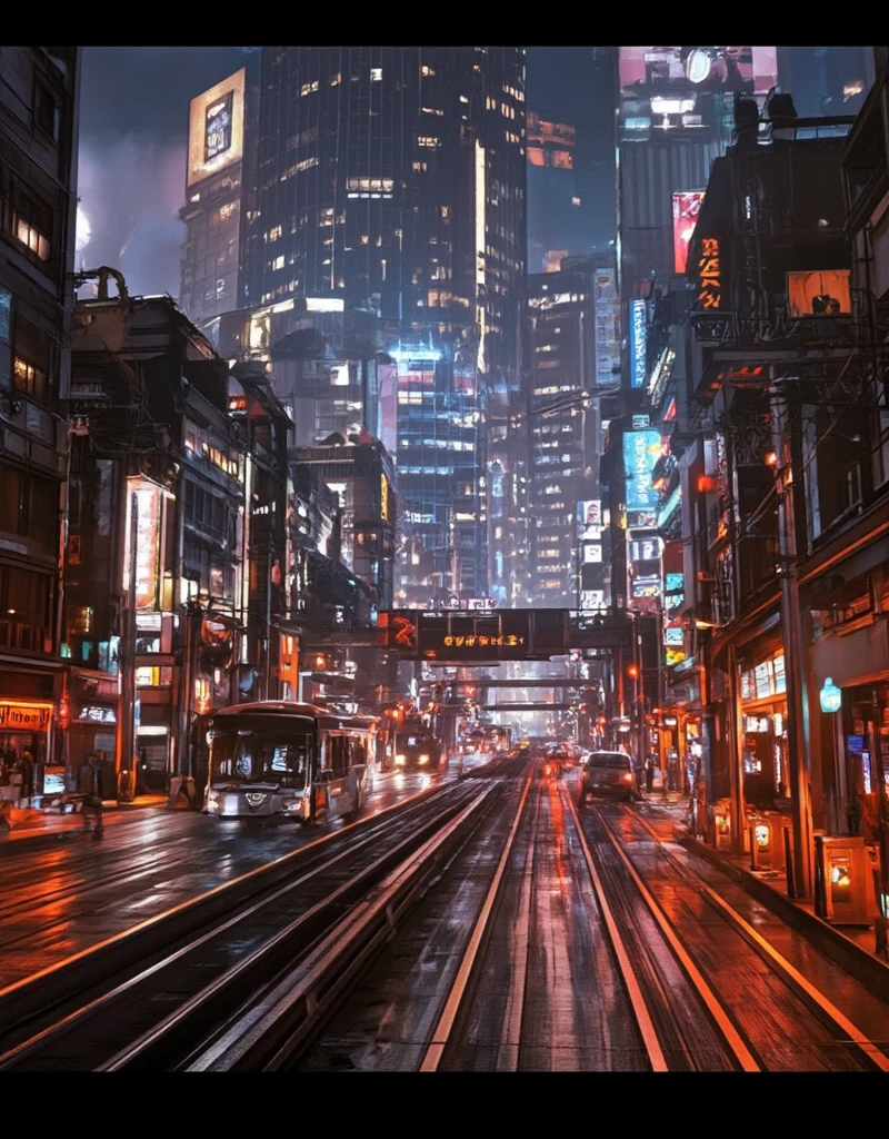 <lora:City_Worlds_01_v1_Roads_flux:1> citybkg, cyberpunk, night, ambiance, sunny, detailed, streets, traffic, futuristic, elevated highway, front view, billboards on buildings, high buildings, low buildings, people, bus station, street marking, stores, shop lights, illuminated, electric poles, signs, from side, orange, red theme